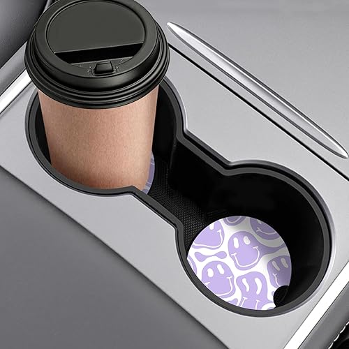 Miniatura 7 de Watbro Posavasos para automóvil, morado sonriente, absorbente, paquete de 2 para portavasos con muesca para los dedos, cerámica de 2.56 pulgadas,