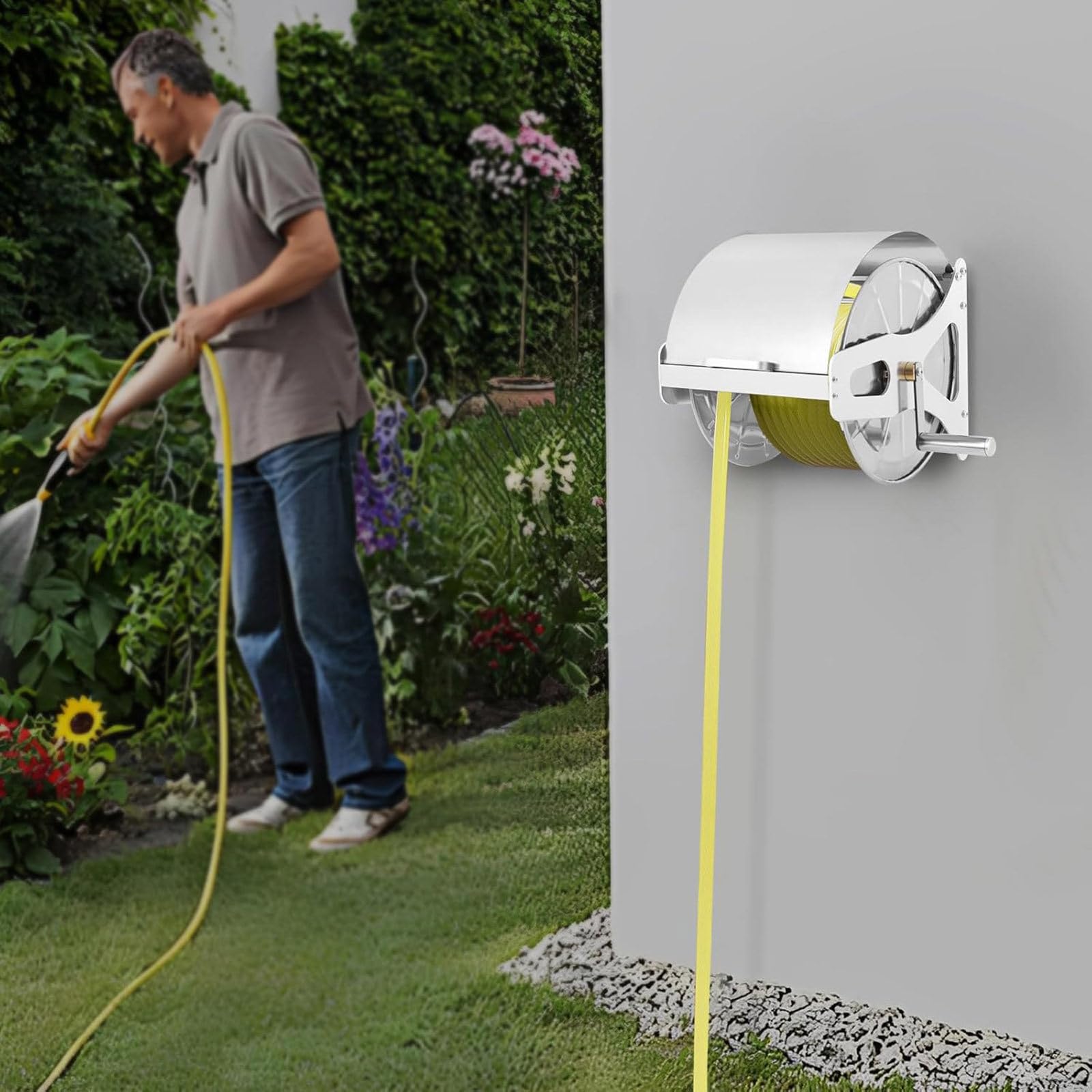 Schlauchtrommel aus Edelstahl mit 360° drehbarem Griff, wandmontierbar für Hof- und Gartenlagerung 20m