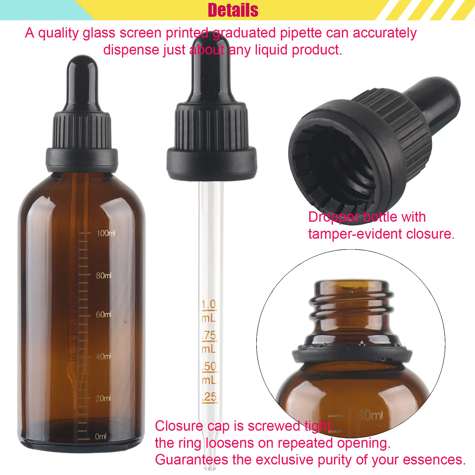 24 Piezas 100 ml Ámbar Frasco Cuentagotas Cristal con Gotero Graduado y Cierre Negro a Prueba de Manipulaciones, Marrón Botellas Cuentagotas Calibrado para Aromaterapia Aceites Esenciales