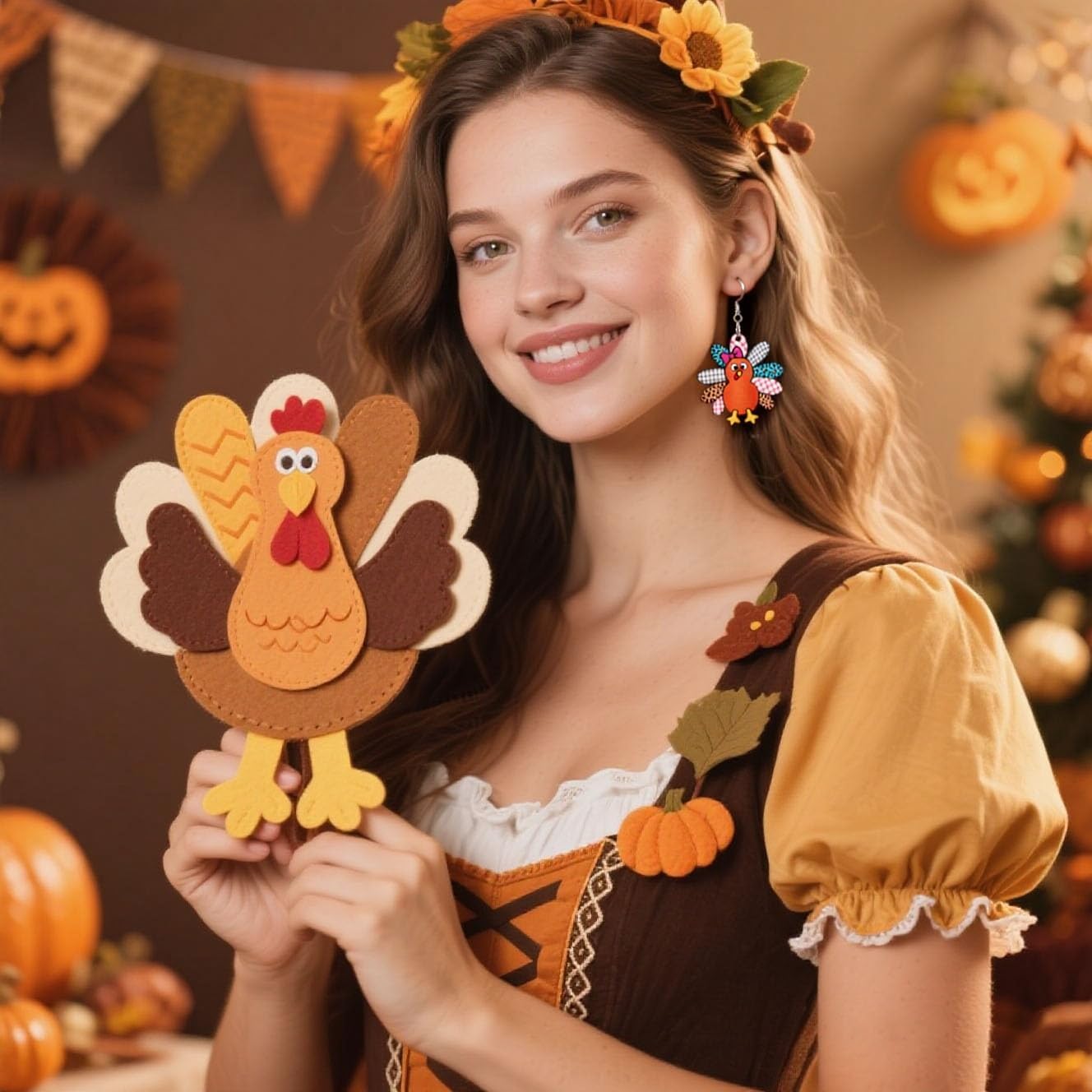 Thanksgiving Earrings for Women Cute Maple Leaf Turkey Dangle Drop Earrings Fall Earring Cartoon Wooden Earring Thanksgiving Jewelry Gift for Women - Image 2