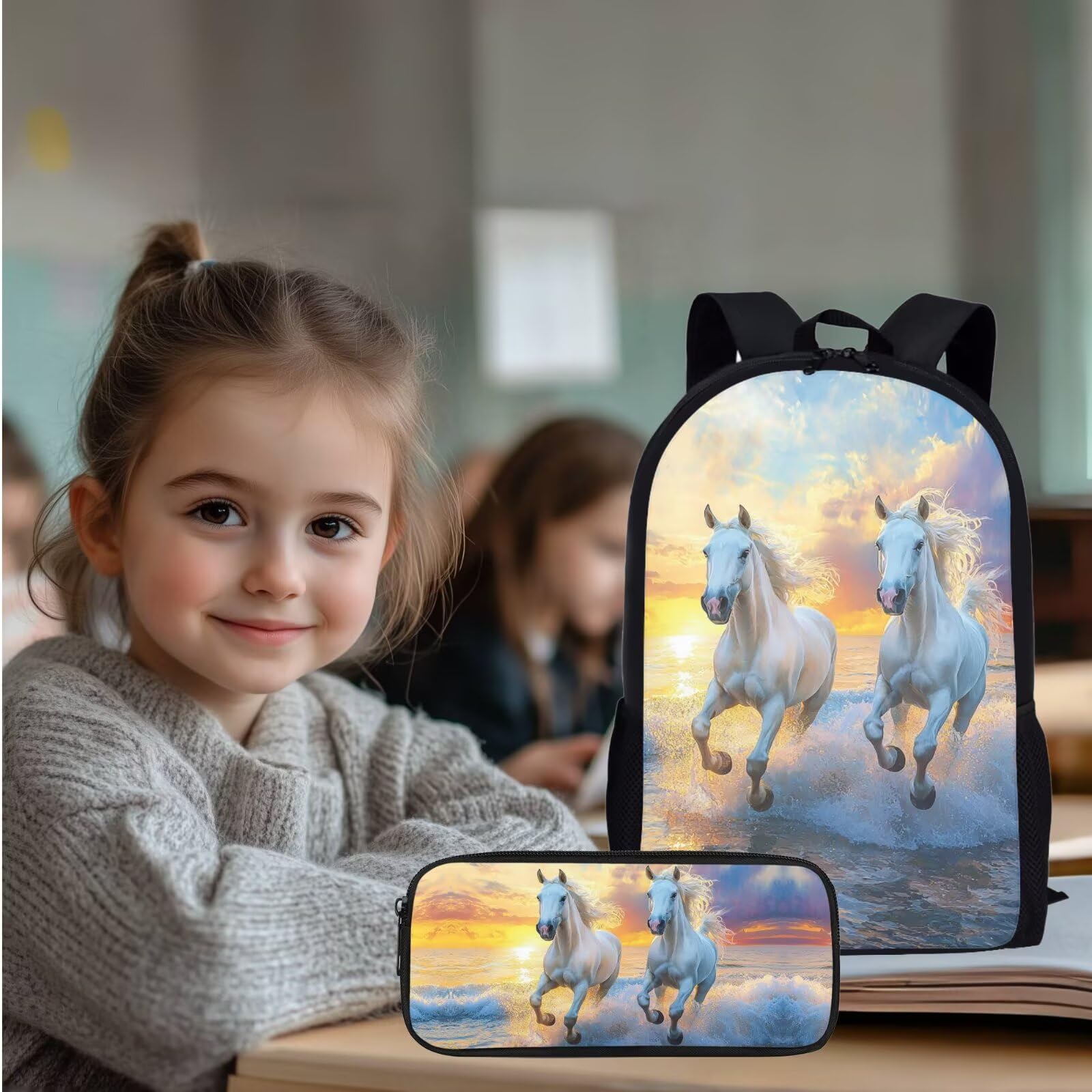 Juegos de mochilas escolares para niños con lonchera y botella de agua, mochila de viaje para niños y niñas, Estampado de caballo, Talla única