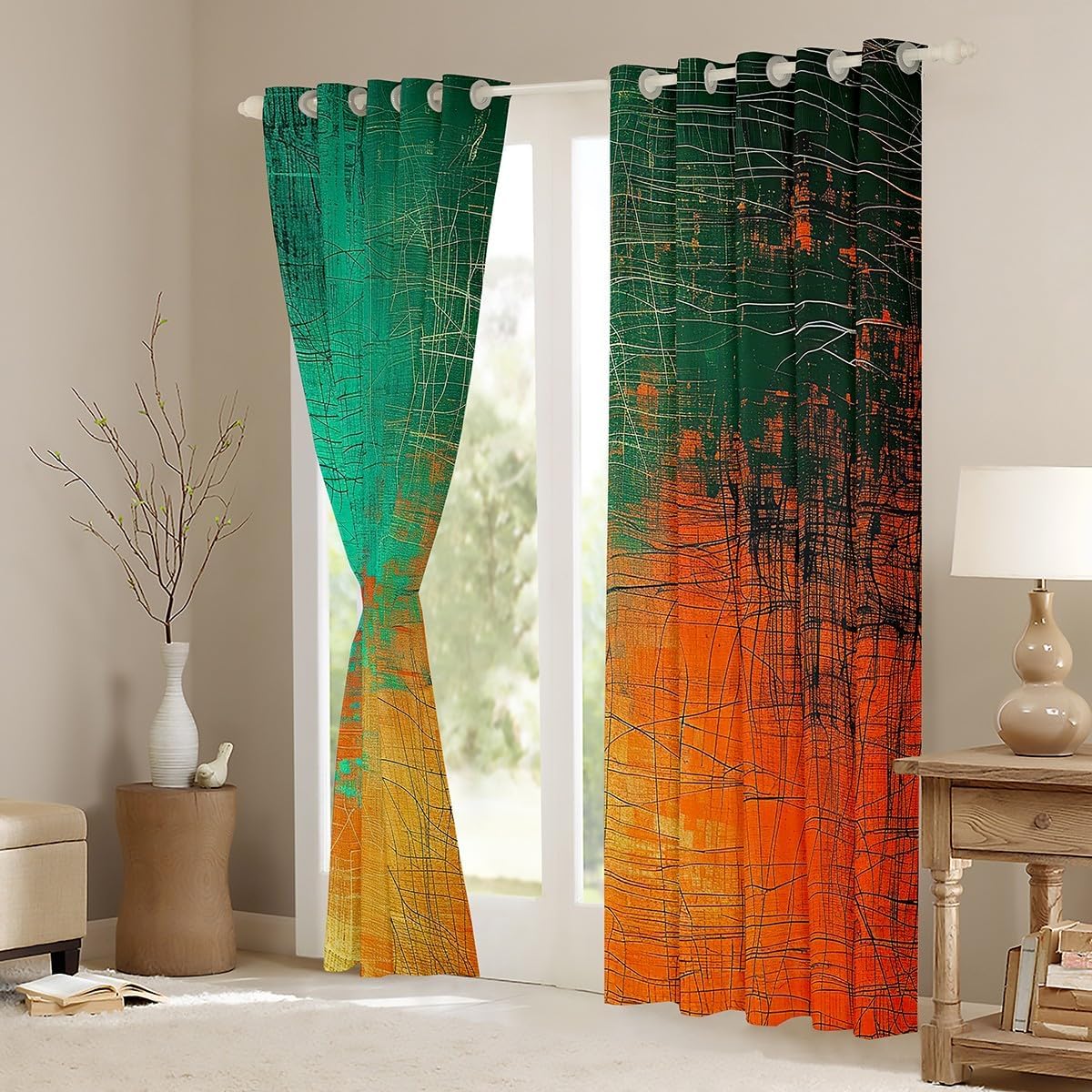 Grunge Abstract Art Curtain for Bedroom Living Room Teal and Orange Messy Rust Painting Drakening Drapes Women Men Modern Vintage Retro Blackout Curtains (30%-50% Darkening) (2 Panels, 52 x 63 Inch)