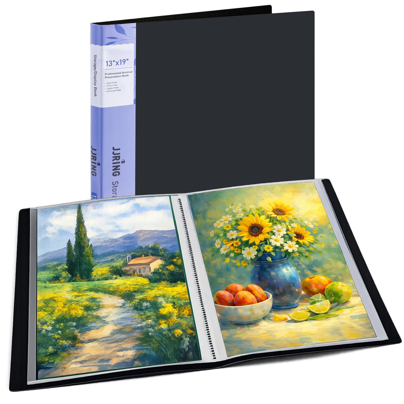 JJRING 13x19 Art Portfolio Folder with Plastic Sleeves, 24-Pocket Portfolio Binder Displaying 48 Pages, Presentation Book with Black Inner Paper for