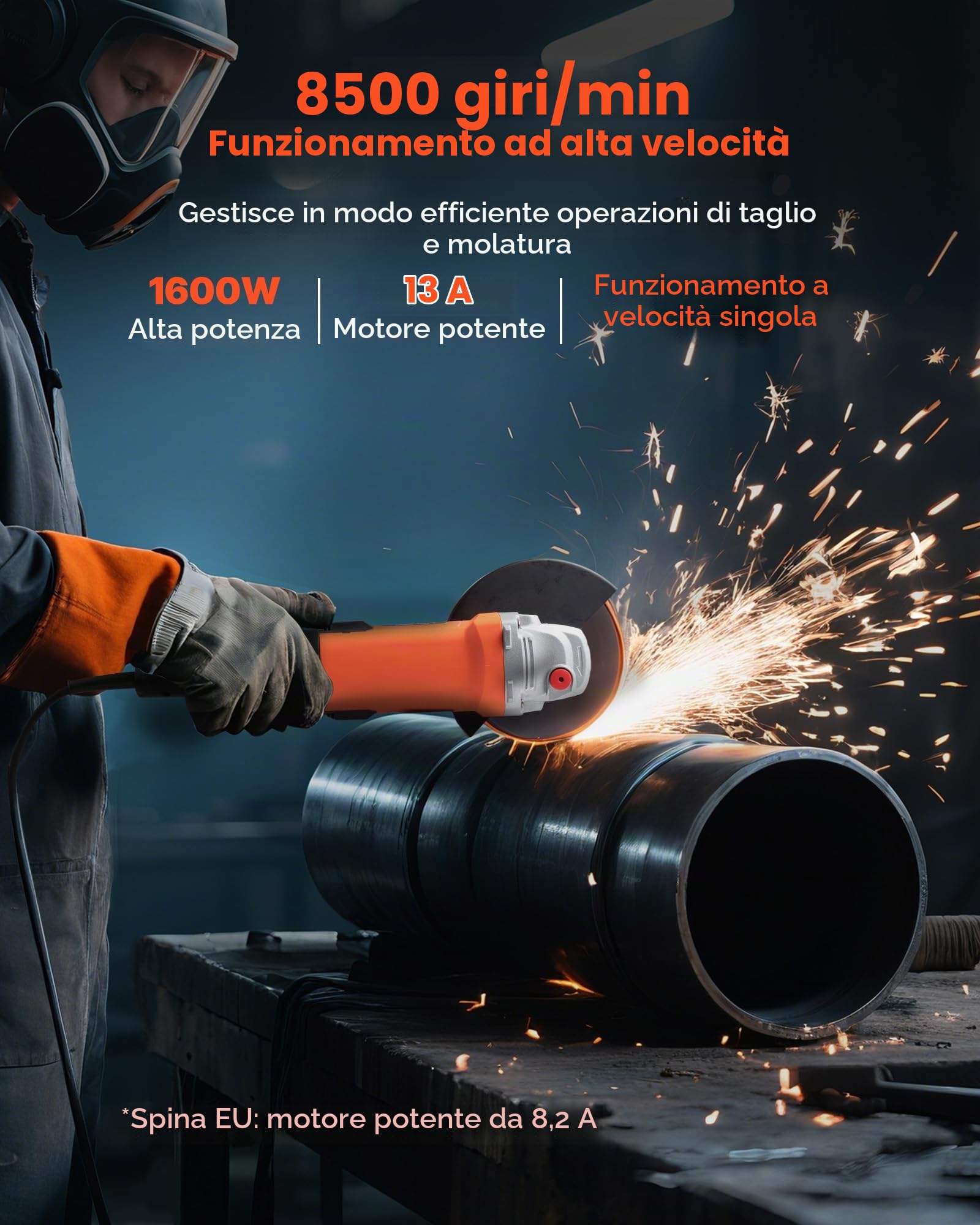 VEVOR Smerigliatrice Angolare, da 177,8 mm, con Cavo ad Alta Velocità 8500 giri/min con Protezione Antipolvere Regolabile, Smerigliatrice Angolare per Levigatura di Metalli, Disco non Incluso