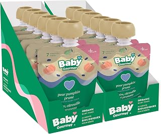 Baby Gourmet Organic Fruit & Veggie Plus Puree Baby Food Pouches - Pear, Pumpkin & Prune - 12 Pack - No Added Sugar or Salt, Non GMO, No Fillers, Gluten Free, Peanut Free, Kosher (128ml) 12-Pouches
