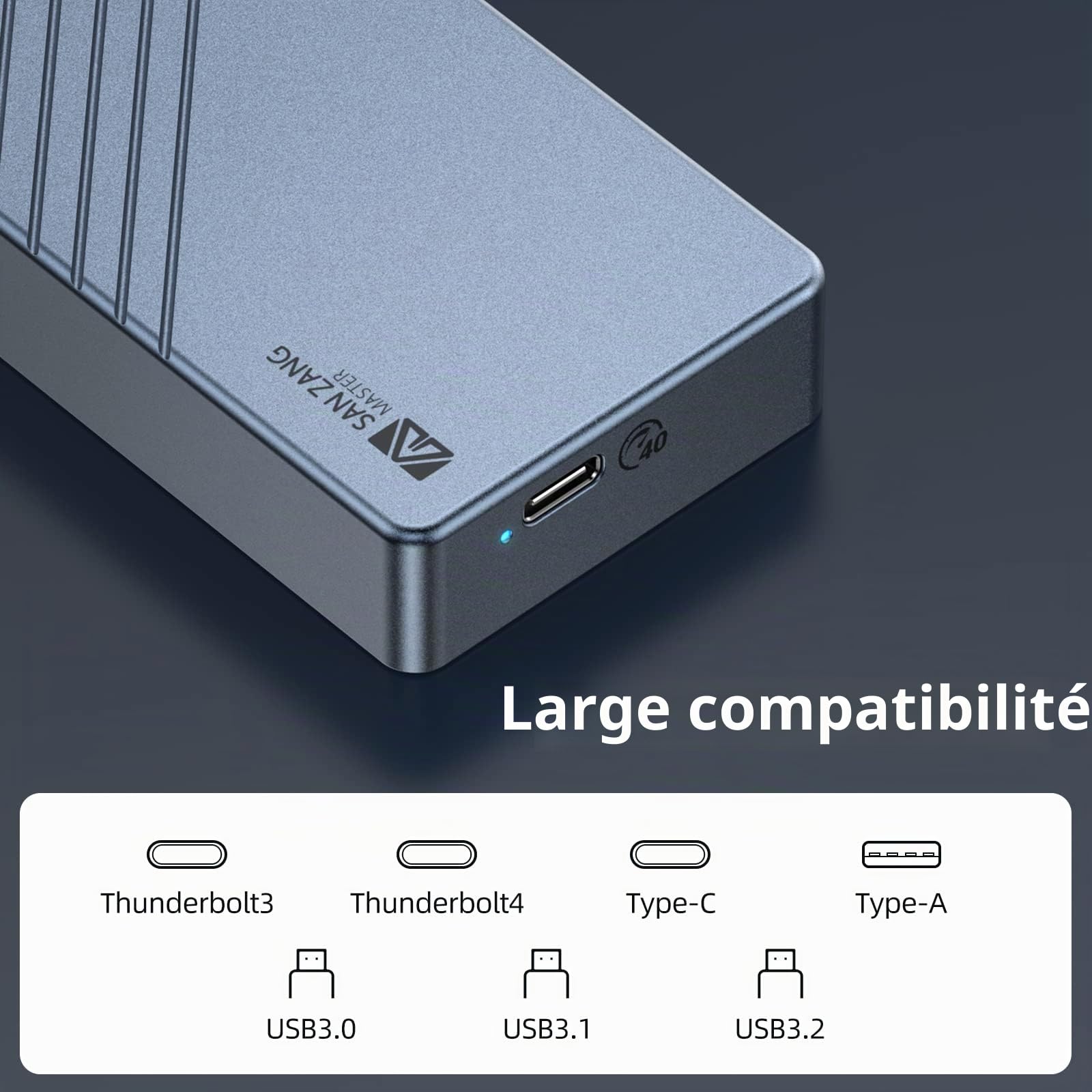 Boîtier M.2 NVMe Compatible avec Thunderbolt 3/4 USB 3.2/3.1/3.0/2.0 Type-C/A, SANZANG Adaptateur de boîtier SSD M.2 40 Gbps pour 2280 M-Key (B+M Key) NVMe SSD, jusqu'à 2700 Mo/s, Gris