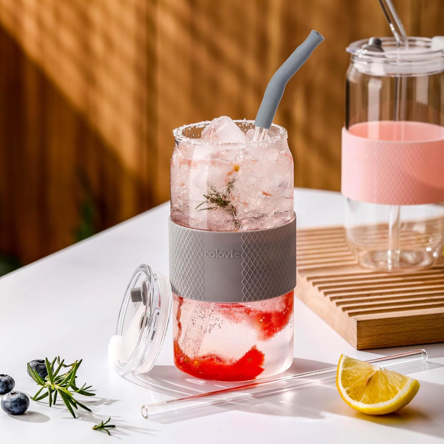 ColoVie 20oz Mixed Drinking Glasses with 6 Colors, Thicken Reusable Glass Tumblers with Lids and Straws, Removable Silicone Sleeve for Hot or Iced Drinking, Unique Colorful Glass Cups - Image 7