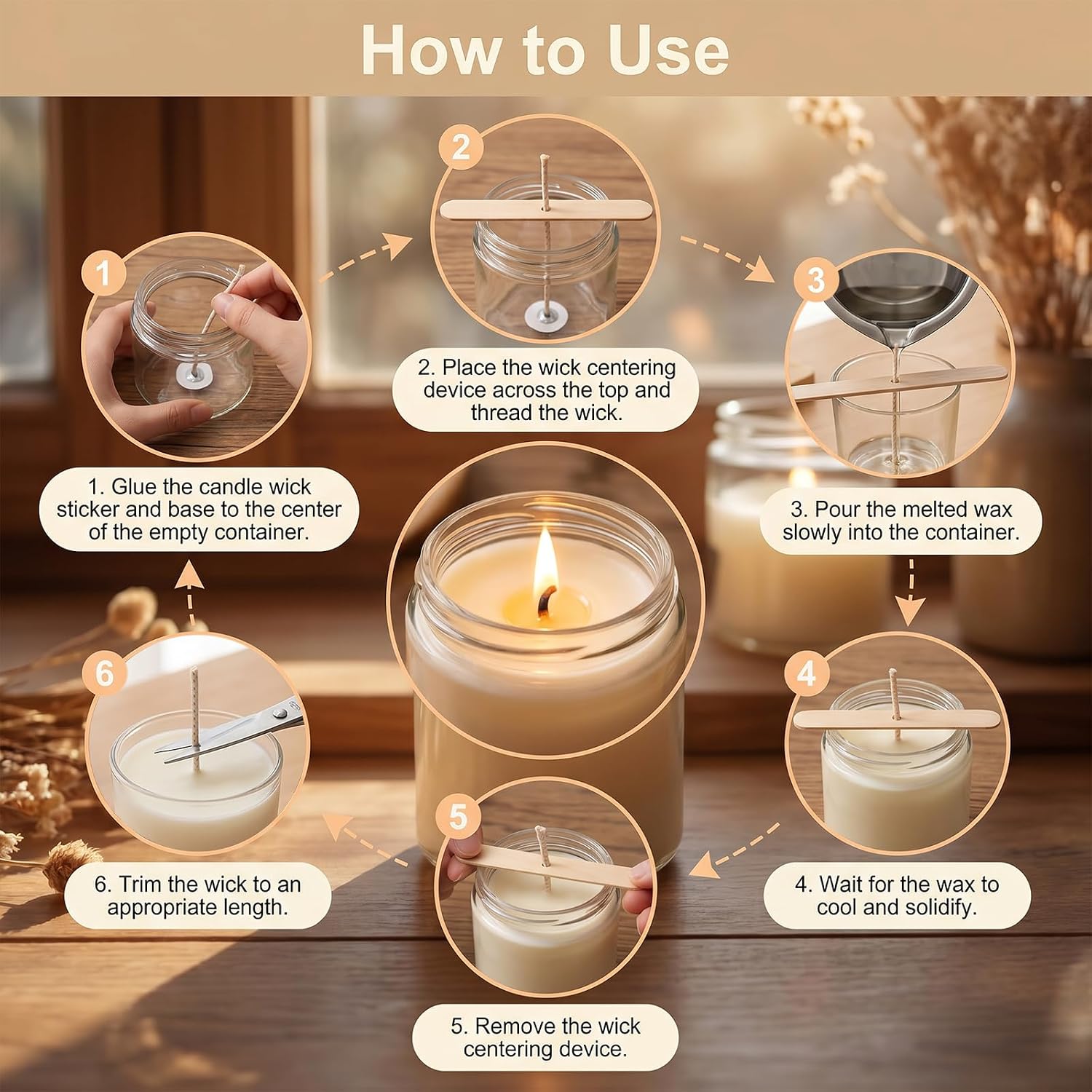 50Pcs 8 Inch Natural Cotton Candle Wicks Set with 120 Wick Stickers and 10 Wooden Wick Holders,Complete Candle Making Supplies for Soy Wax Beeswax Coconut Wax