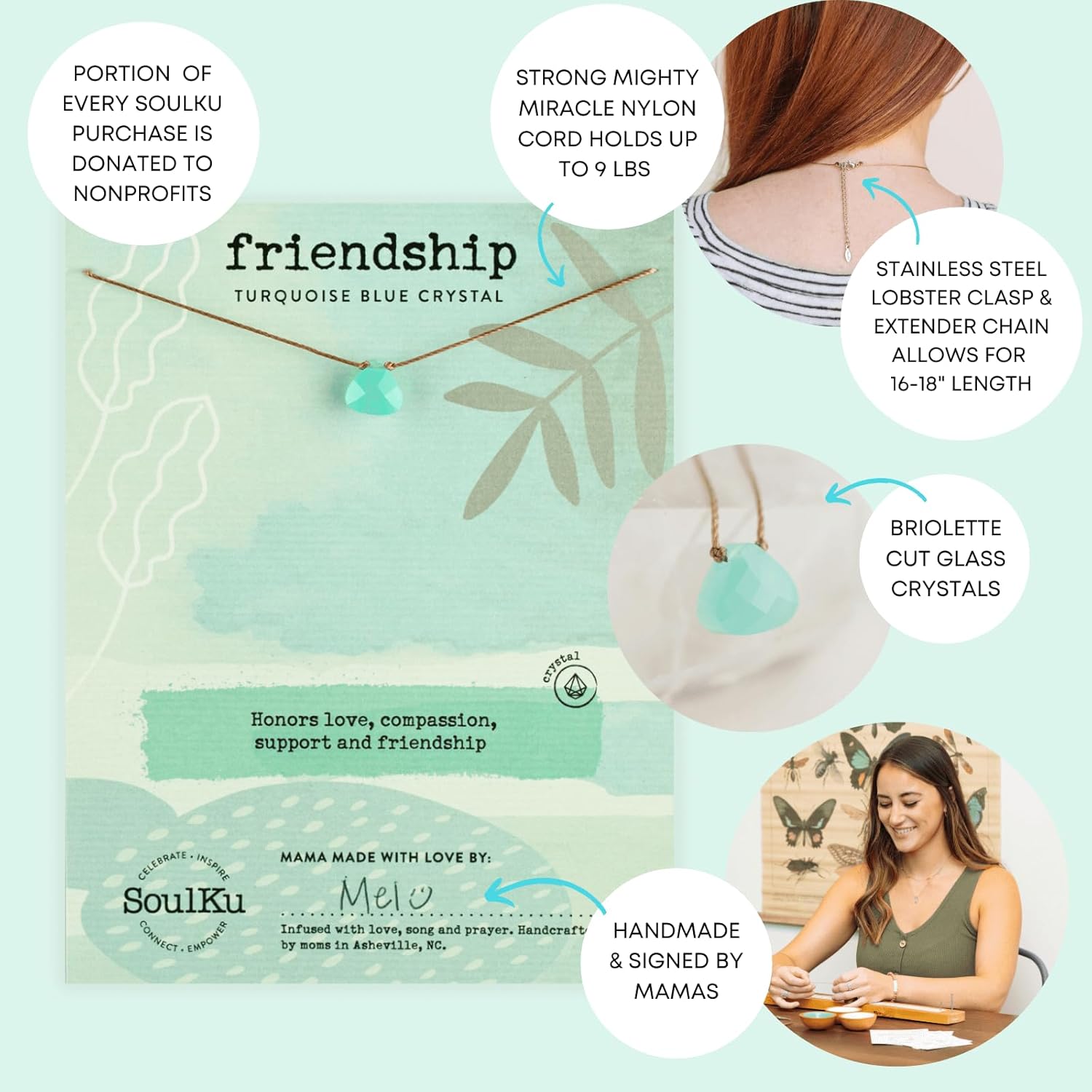 SOULKU Crystal Necklace, Handmade Healing Crystal Jewelry, Inspirational Jewelry For Women, 9x9 mm Cut Glass Crystal, Lobster Clasp and Extender with 16" Nylon Cord - Image 5