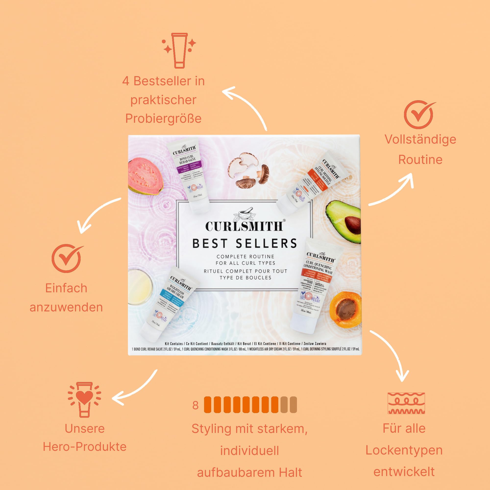 Curlsmith Reisegrößen-Set für alle Lockentypen Enthält Kraft, Feuchtigkeit und Kopfhautrezepte | Vor-Shampoo-Behandlung, Shampoo & Conditioner, Leave-In Conditioner und Styling-Soufflé.