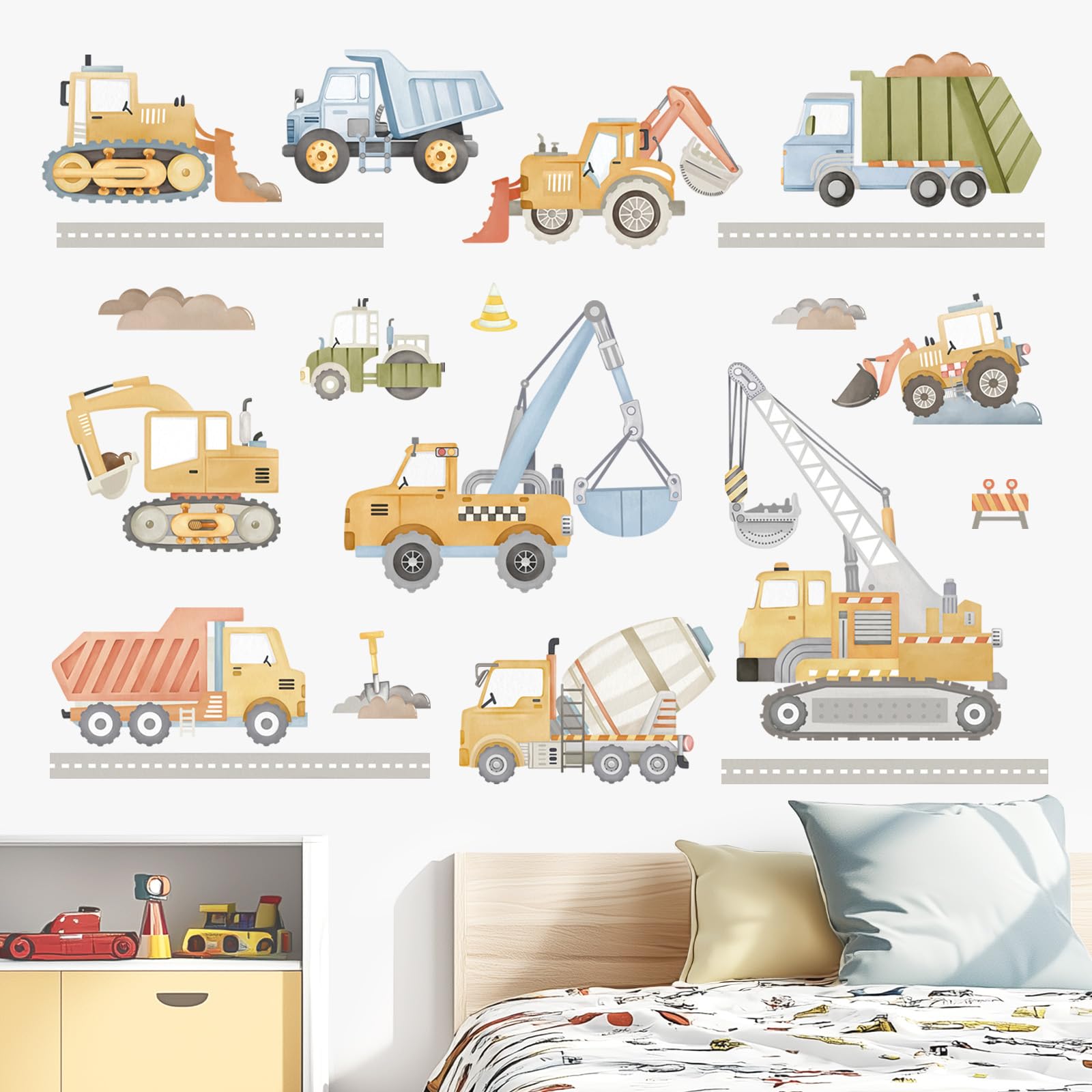 wondever Watercolor Construction Vehicles Wall Stickers Tractor Excavator Crane Peel and Stick Wall Art Decals for Kids Bedroom Boys Room Playroom - Image 2