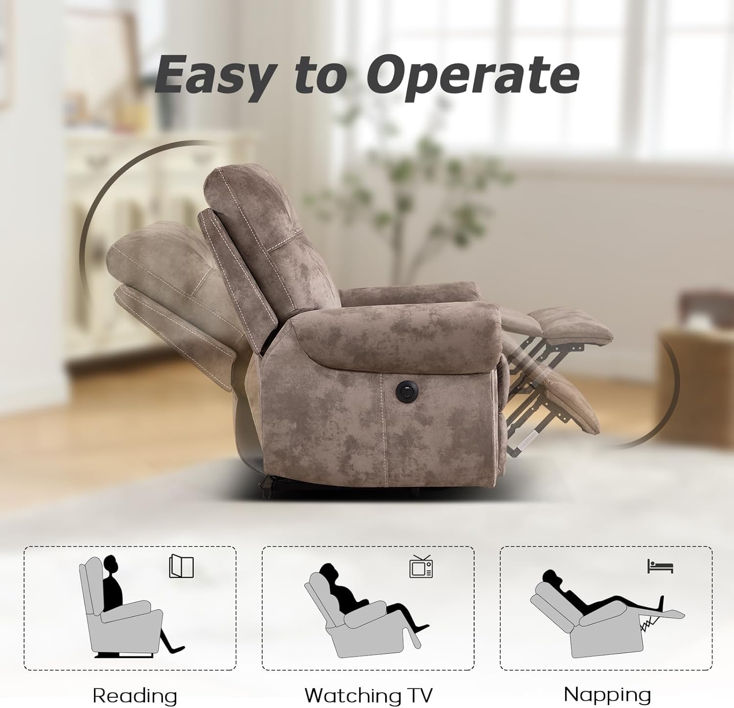 EBELLO Manual 3 Seat Reclining Sofa Couch, Soft Fabric 3 Seater Recliner Couch, Vintage Rivet Mid-Century Design Furniture for Living Room, Meeting Room, Brown