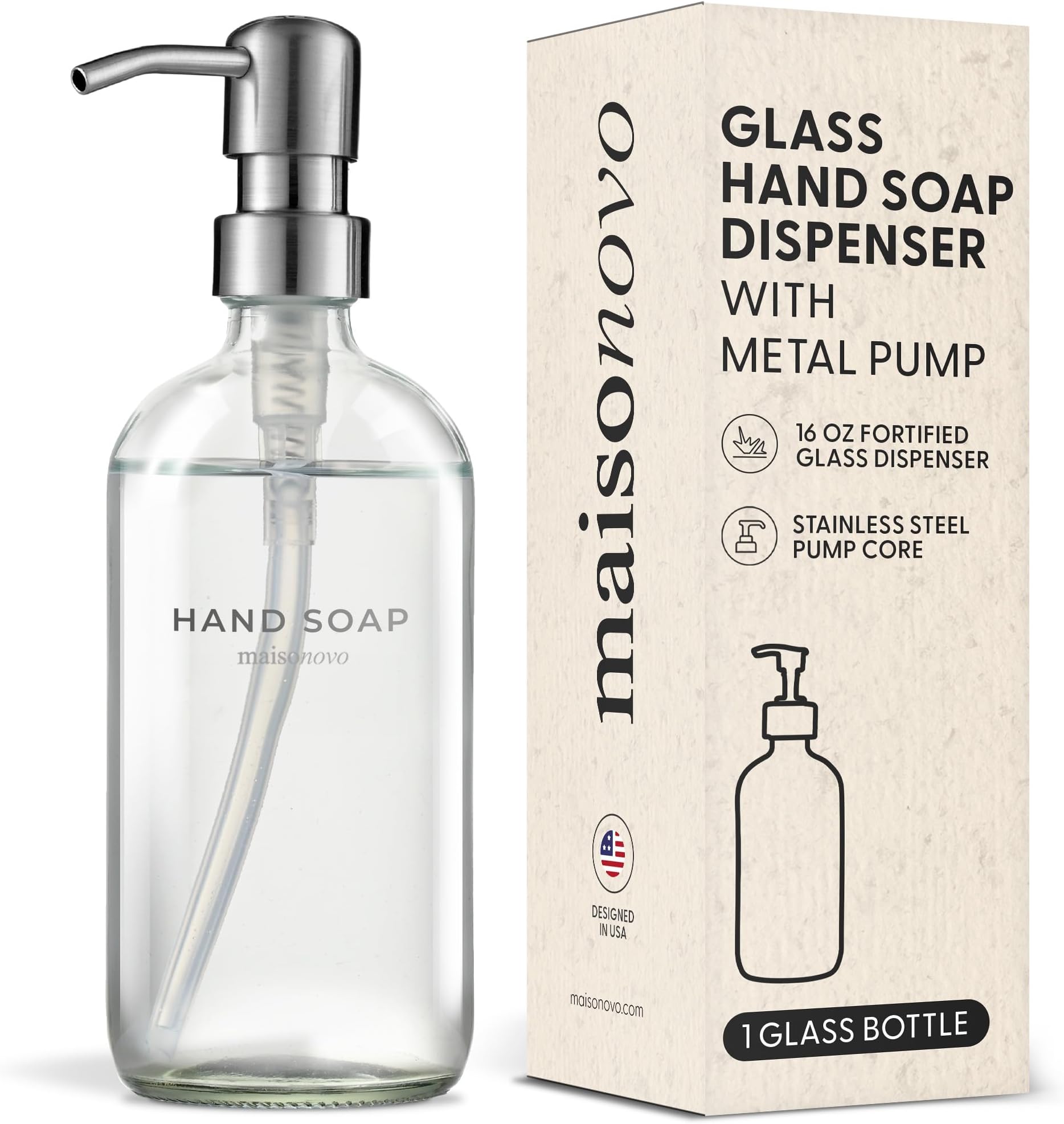 MaisoNovo Soap Dispenser 1-Piece Set | 16.9oz Clear Bottles with Silver Stainless Steel Pump Core