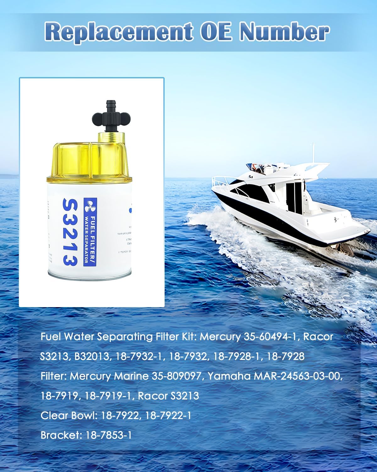 S3213 Fuel Water Separator Filter Element with Clear Bowl, Marine Fuel Filter for Outboard, Replaces# S3213, 18-17928, 35-809097, 35-60494-1, 18-7932-1