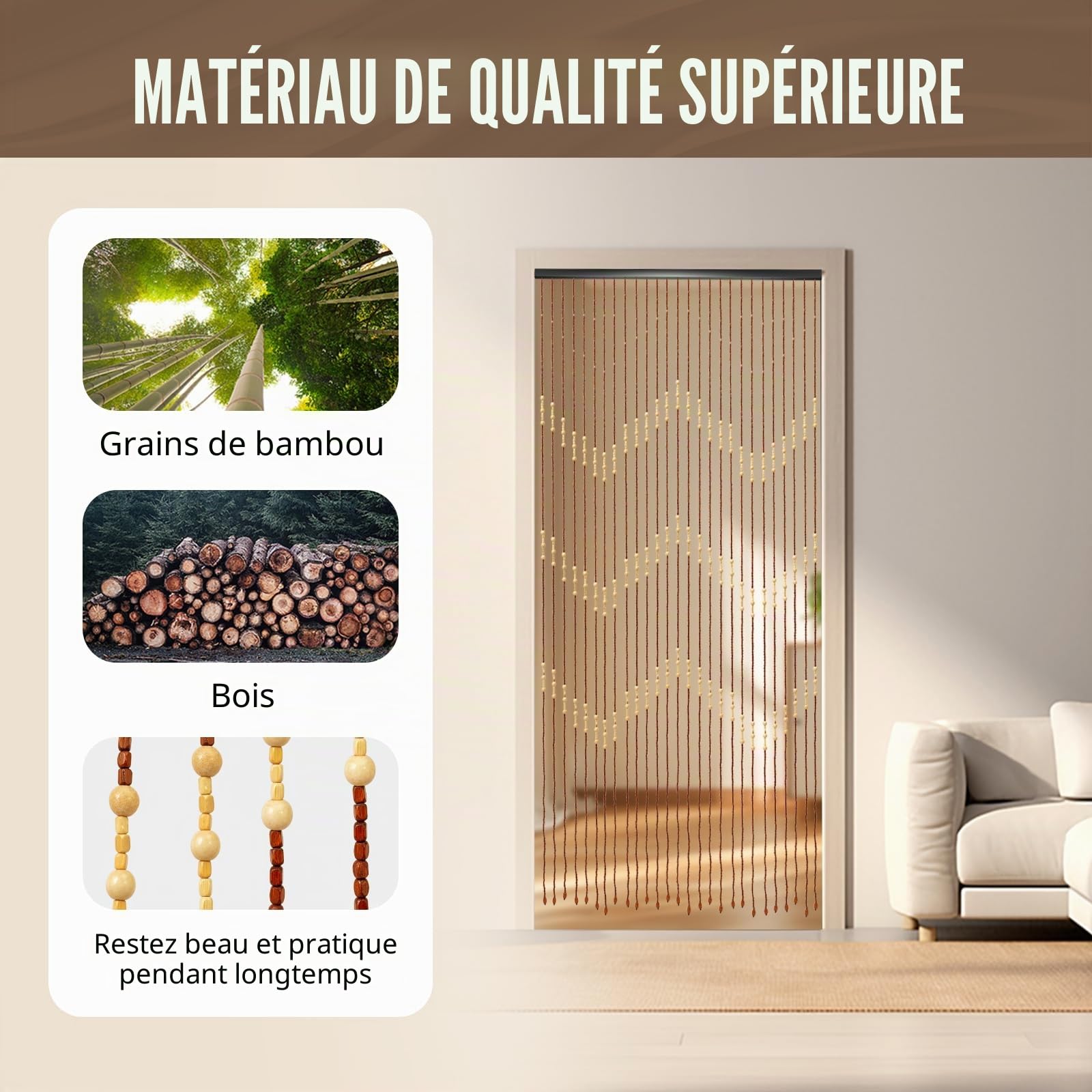 Rideau de porte en perles 90x175 cm 27 brins - Rideau en bois perlé en bambou - Boho pour portes, décoration, séparateur de pièce pour salon, balcon (Bois)