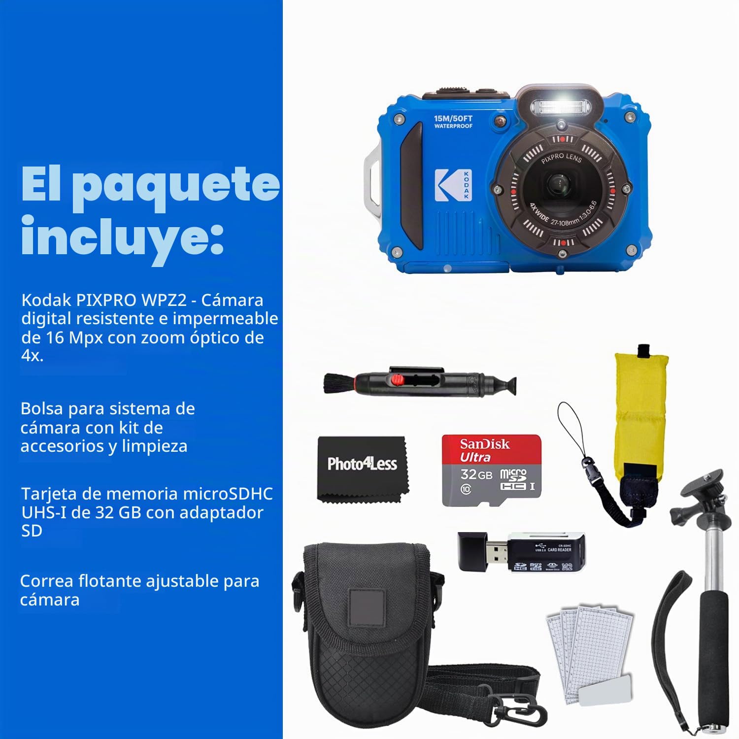 Kodak PIXPRO WPZ2 - Cámara digital resistente al agua y golpes, 16 MP óptico, 1080P, video Full HD, LCD 2.7" azul, tarjeta SD 32 GB, funda compacta