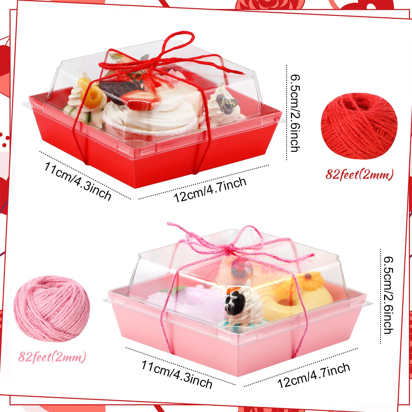 Layhit Confezione da 150 scatole per salumi di San Valentino, con coperchio trasparente e corda, 12,7 cm, quadrate, usa e getta, scatole per dessert, scatole per alimenti, biscotti, contenitori per
