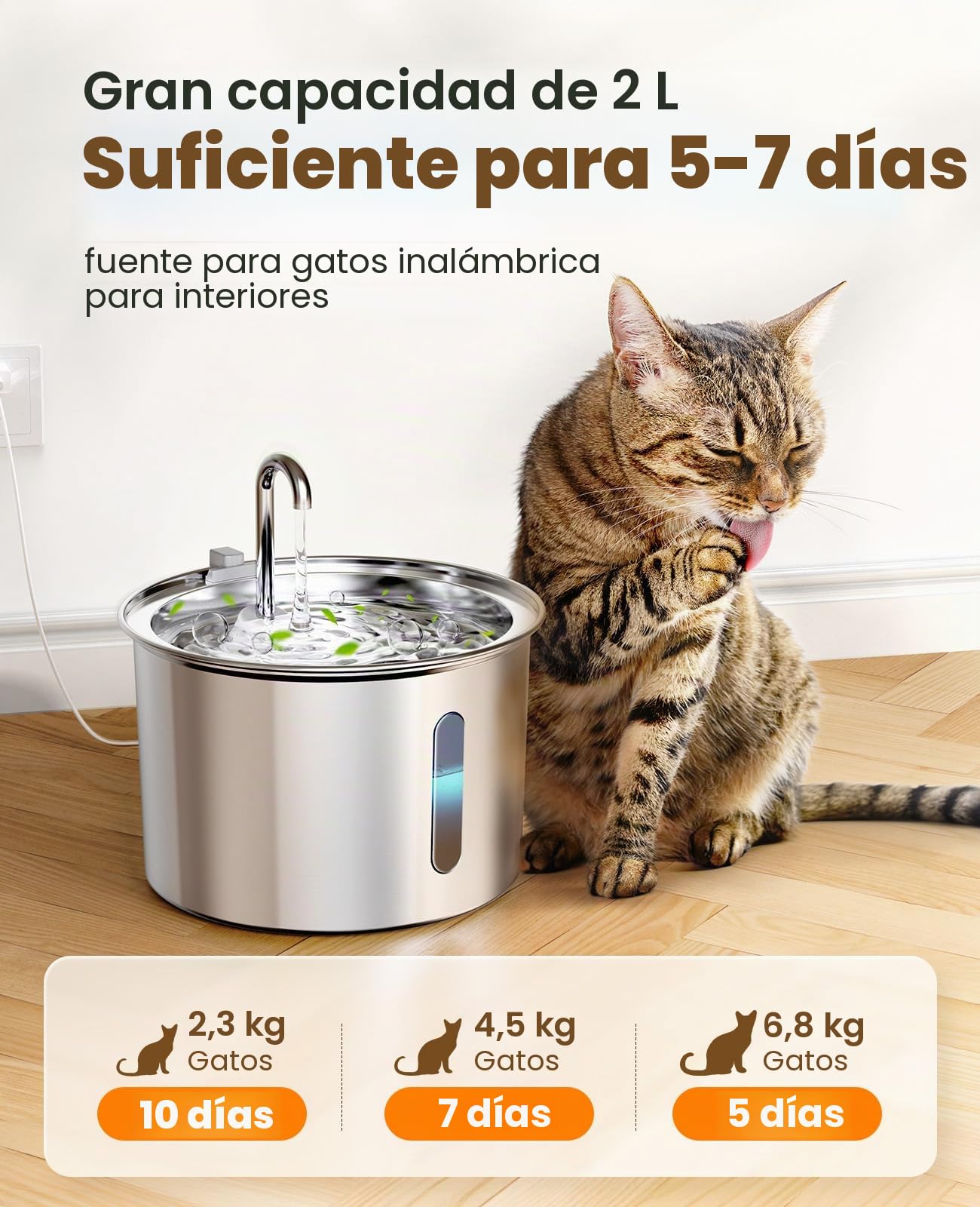 oneisall Fuente de agua potable para gatos, diseño de fuente para gatos de hierro fundido de acero de 2 L, fuente de agua para mascotas ultra silenciosa con paquete de 3 filtros, cuenco de agua para