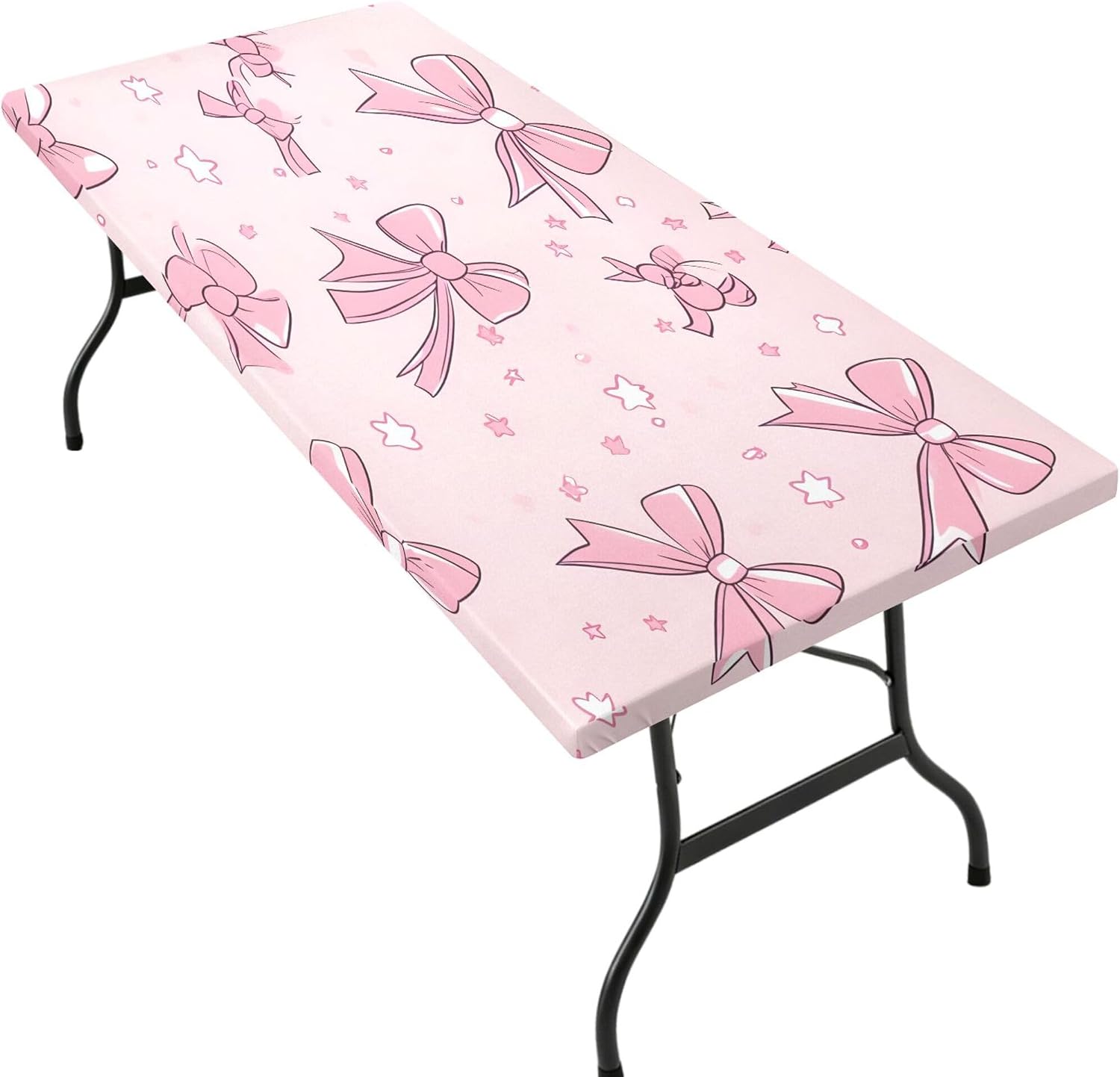 Bows and Ribbons Stretch Fitted Table Cover for 6ft Fold-in-Half Table, Wrinkle-Free Outdoor & Indoor Decorative Table Protector, 2.5ft X 6ft
