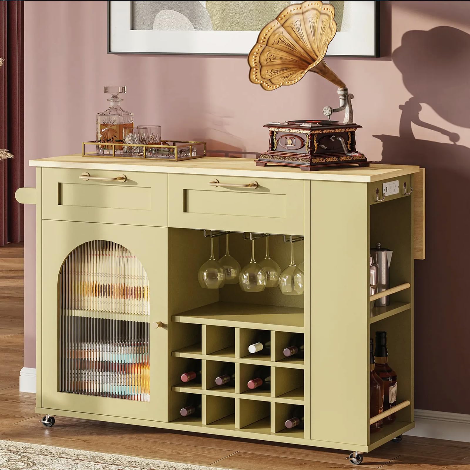 LIKIMIO Rolling Kitchen Island with Storage, 39.4" W Mobile Cart with Power Outlet & Drop Leaf Table, 2 Drawers, Removable 12 Grids, 3 Wine Racks, 360