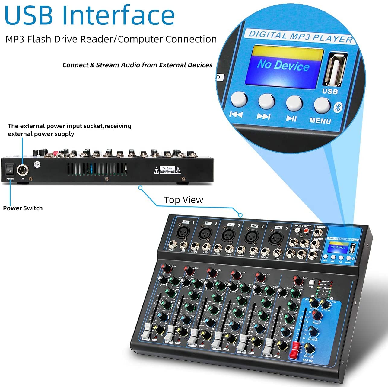 Depusheng HT7 Mezclador de audio portátil Bluetooth con consola de mezcla de sonido USB DJ Bandas de 7 canales Tableros de mezcla Conector de MP3 Alimentación de 48 V, para grabación por computadora