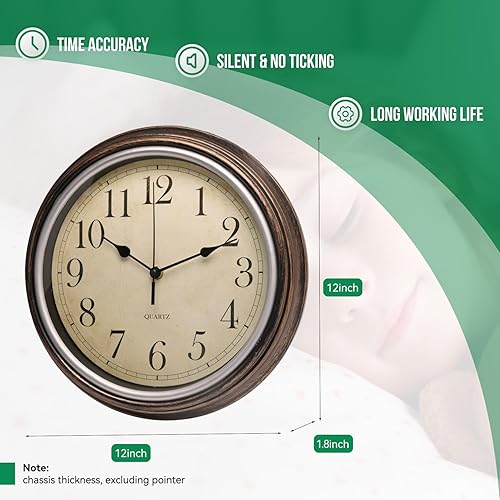 Miniatura 3 de Reloj de pared retro de 12 pulgadas sin tictac, silencioso, estilo rústico, redondo, redondo, funciona con pilas, relojes de pared clásicos para el