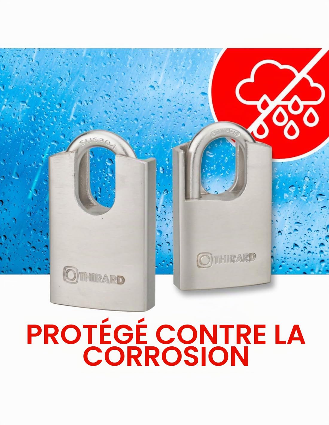 THIRARD - Cadenas à Clé Marinox - 60 mm - Inox - Anse Protégée - Pour Extérieur et Milieu Humide - Double Verrouillage - 2 Clés Acier Incluses - Très Haute Sécurité