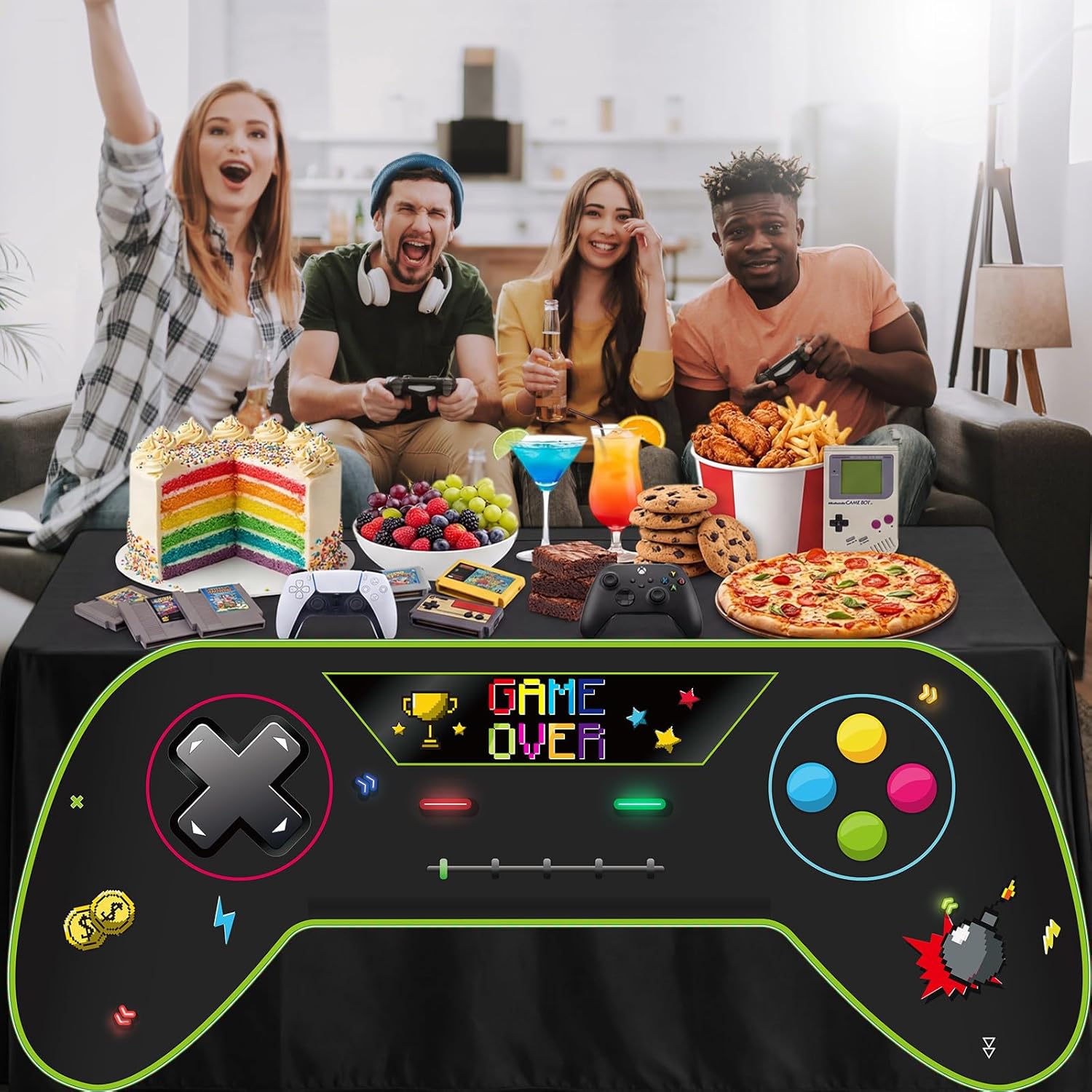 Shappy 2 Pcs Video Game Tablecloth Decor 85 x 132 Inch Gaming Theme Tablecloth 6 ft Game Controller Shaped Decoration Polyester Washable Gaming Party Table Cover for Gamer Player Birthday Party Decor