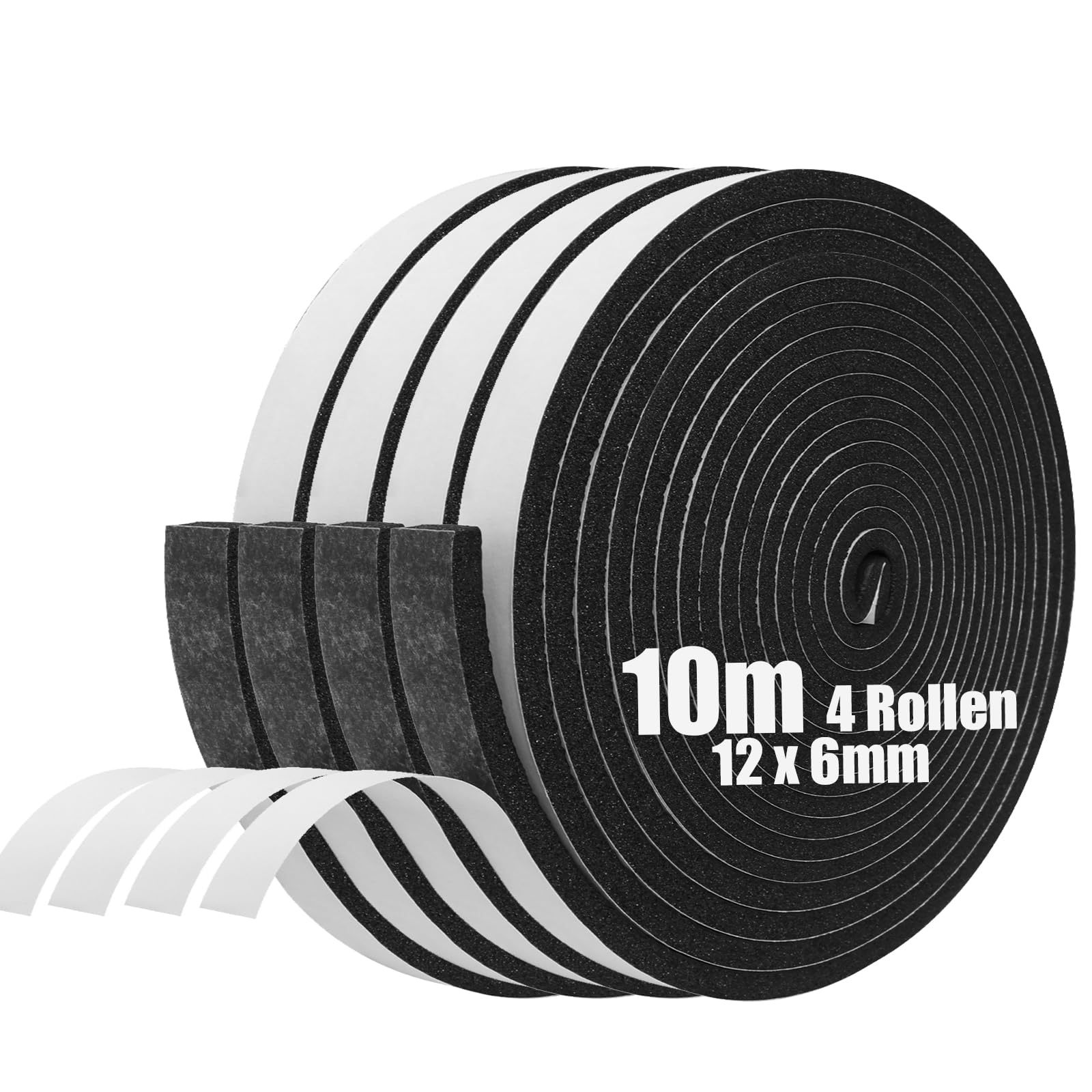 SDLDEER Foam Tape, Self Adhesive Foam Strip 12mm(W) X 6mm(T) X 10m(L) Weather Stripping Door Seal Strip, Draft Excluder for Windows Door, Anti-Collision, Weatherproof, Window Soundproofing(4 Rolls)