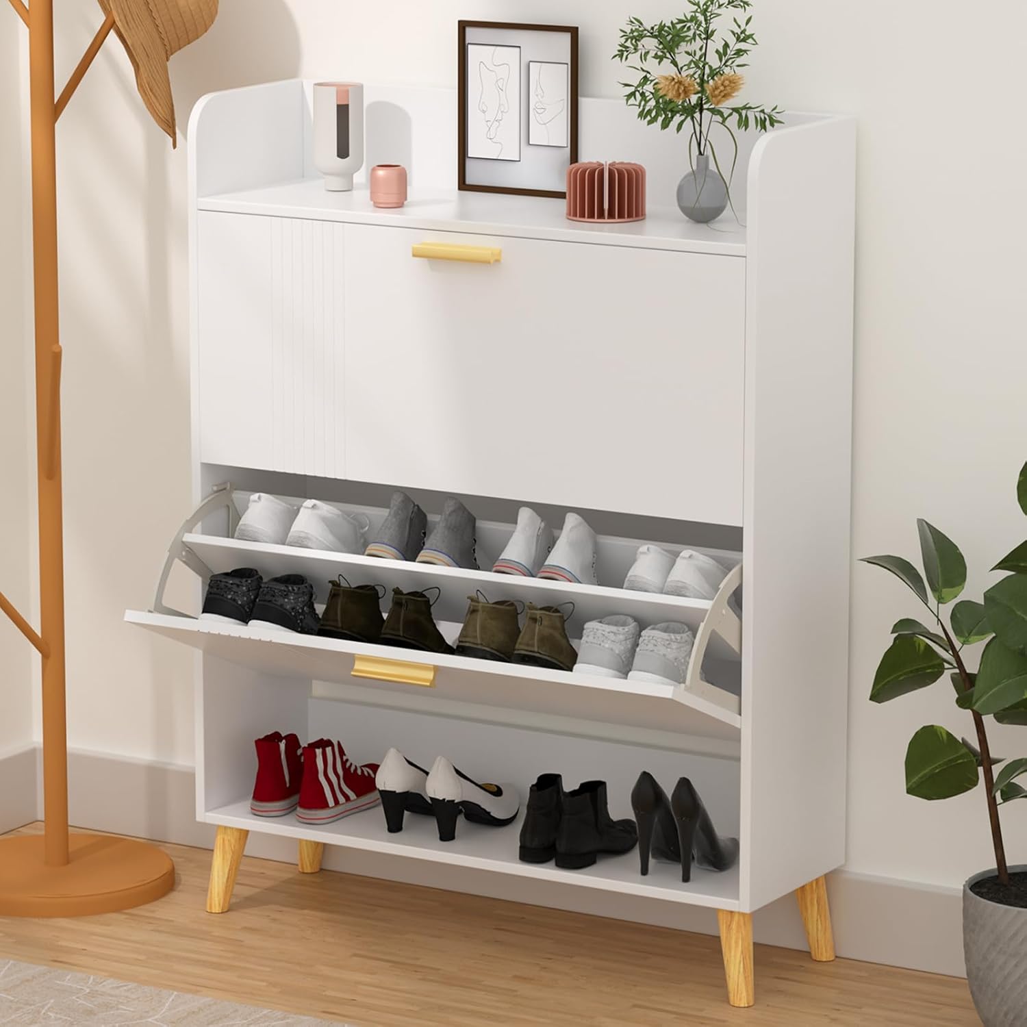 Garden 4 you Shoe Cabinet with 2 Flip Drawers, Freestanding Shoe Cabinet Organizer with Wooden Leg, Narrow Shoes Storage Cabinet for Entryway, Hallway, Living Room, Bedroom (White)