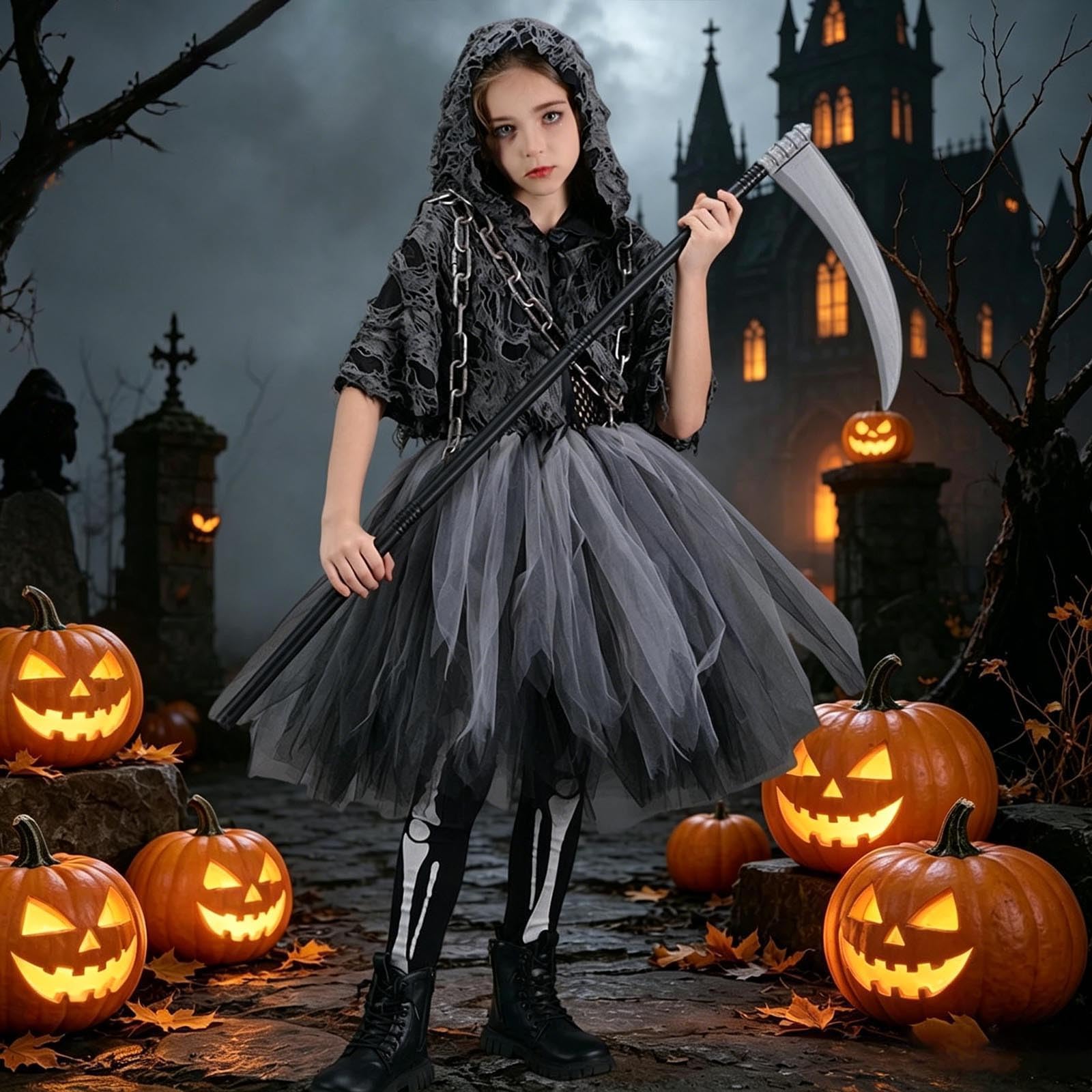Generico Costume Morte Bambina, Costume Halloween Bambina | Abito Nero con Cappuccio, Catena & Falce Giocattolo, Bordi Strappati, Perfetto per Halloween, Ideale per il Gioco di Ruolo e13
