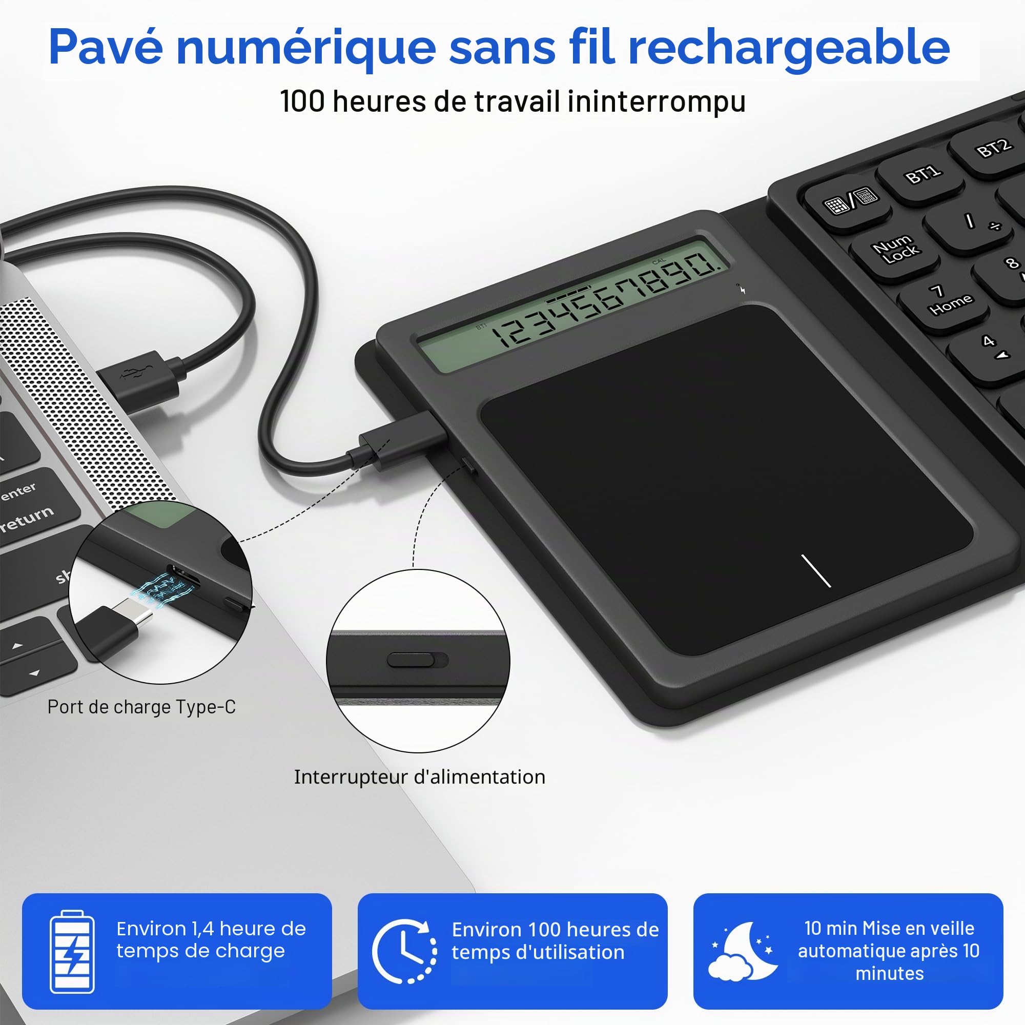 Pavé numérique Bluetooth avec calculatrice & tactile - Pavé numérique sans fil portable, pliable et rechargeable, 23 touches, Bluetooth clavier numerique,calcul et pavé tactile 3 en 1 pour pc portable