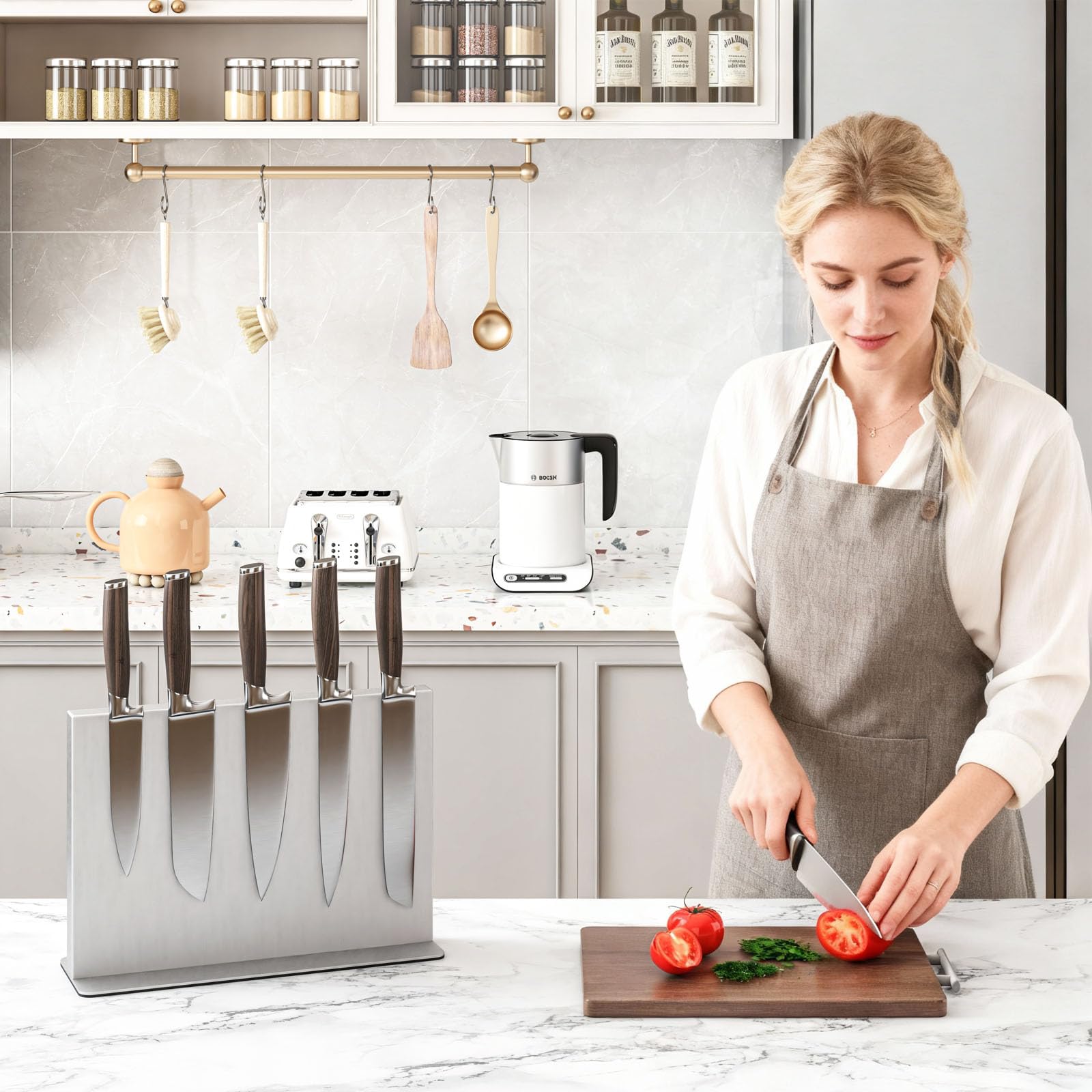 THMINS Bloc magnétique à couteaux en acier inoxydable, support magnétique double face, présentoir multifonctionnel universel pour plan de travail de cuisine