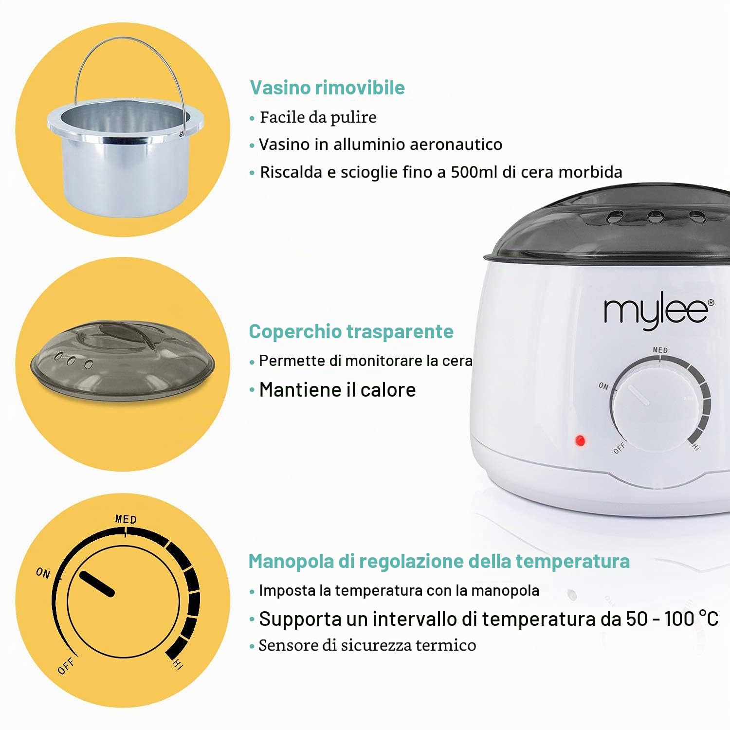 Mylee Kit Completo per Ceretta, con Scaldacera, Strisce depilatorie, Spatole e Lozione Pre e Post Depilazione (Kit con Cera al Miele)