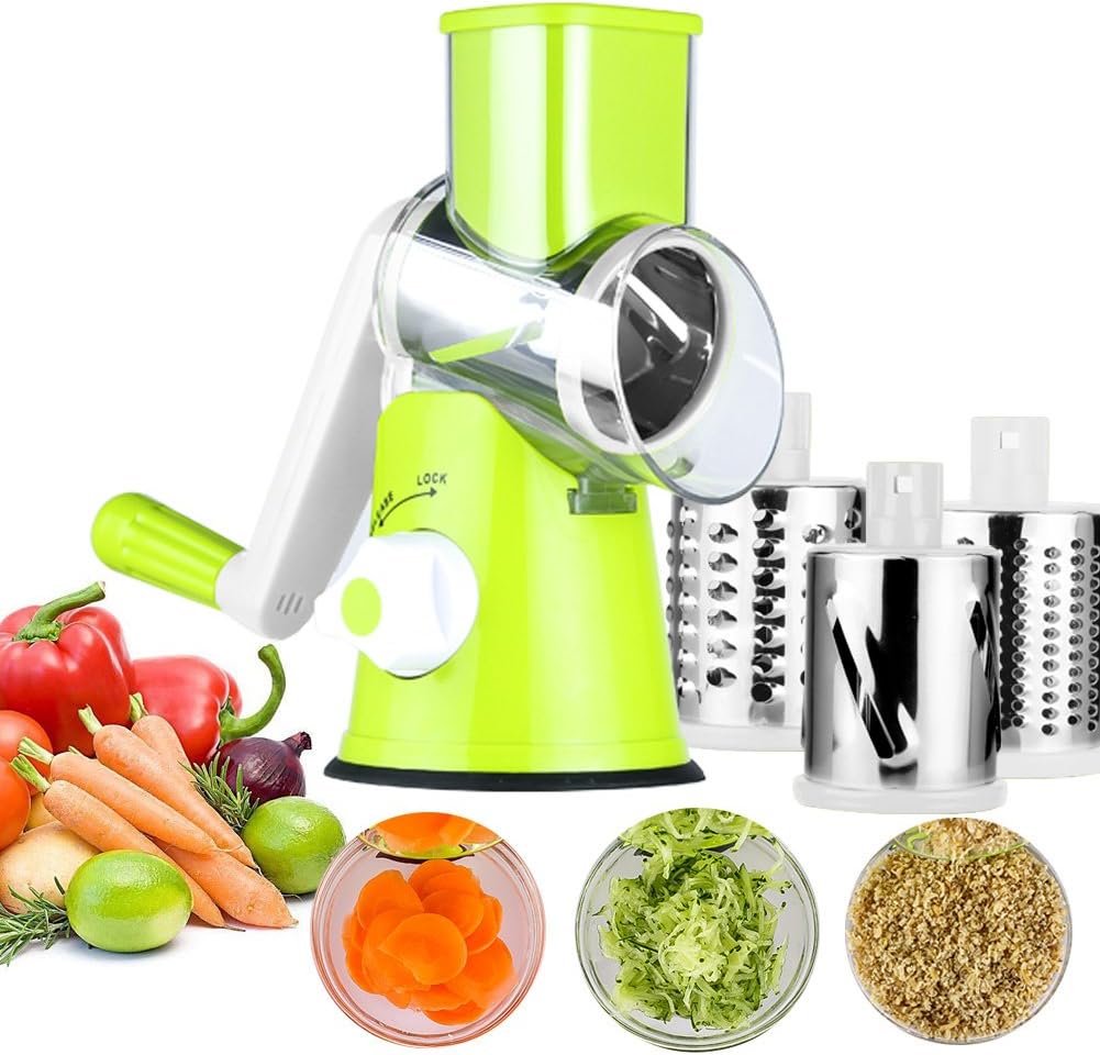 Vegetable Mandoline Chopper, Upintek 3-Blades Manual Vegetable Slicer, Efficient and Fast Vegetable Fruit Cutter Cheese Shredder, Speedy Rotary Drum Grater Slicer with Strong-Hold Suction Cup(Green)