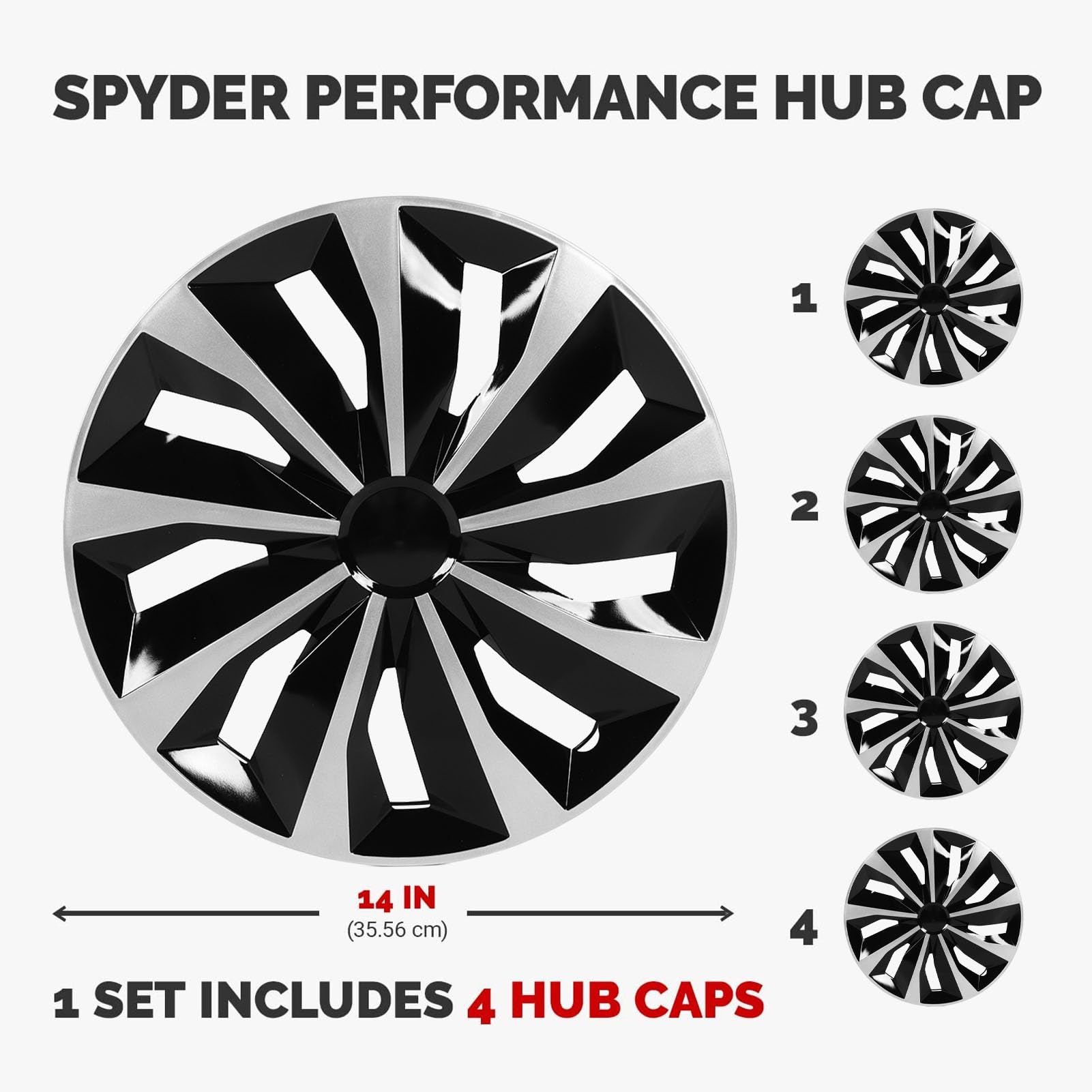 Couvercle de Jante Complet du Moyeu de Roue, Cobordes de Roue Hubcap Universal 14 Pouces Ensemble de 4 Ajustements pour la Plupart des Voitures en Noir et Argent