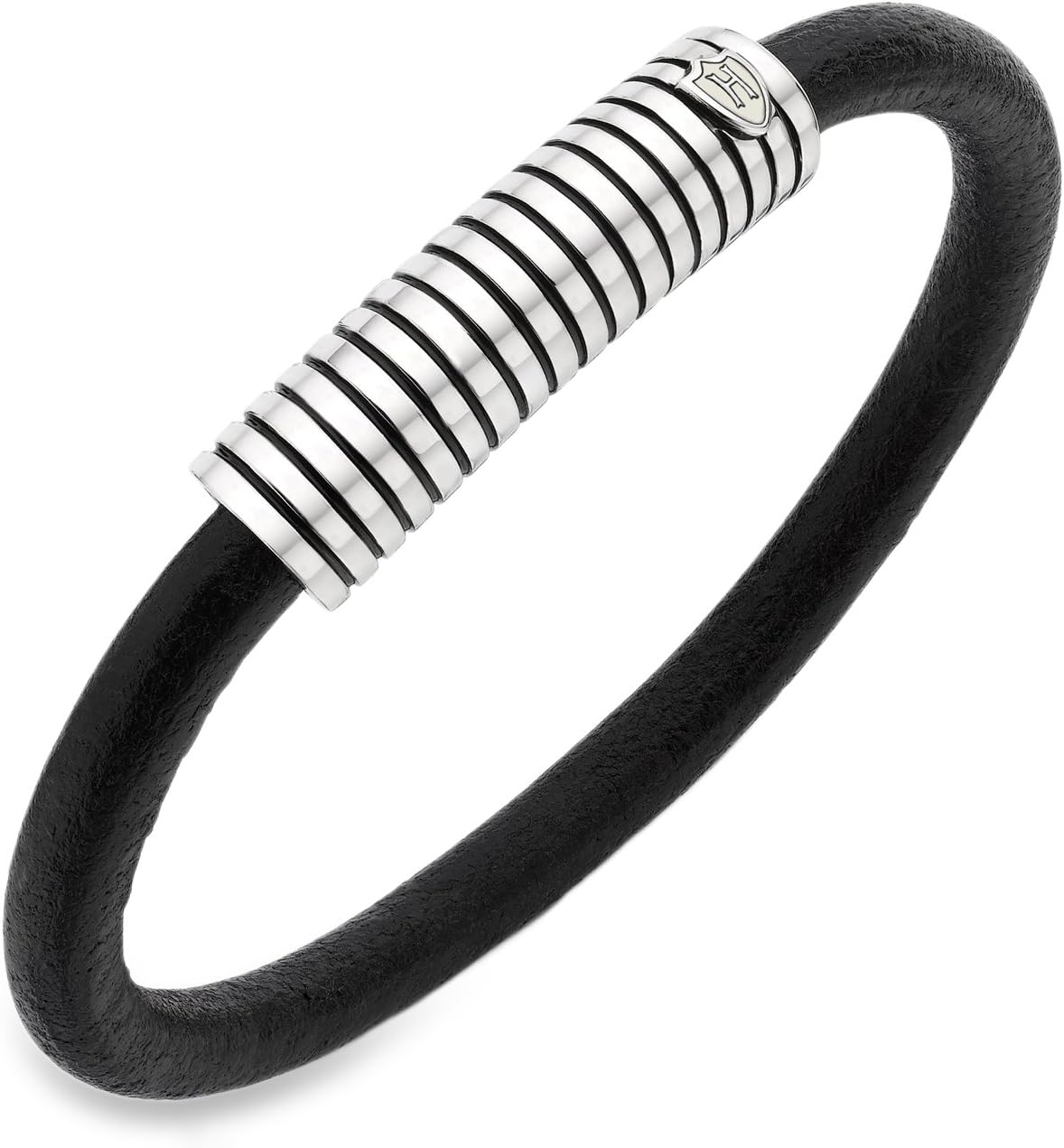 Men's Sterling Silver Stripe Leather Silver Magnetic Clasp Bracelet