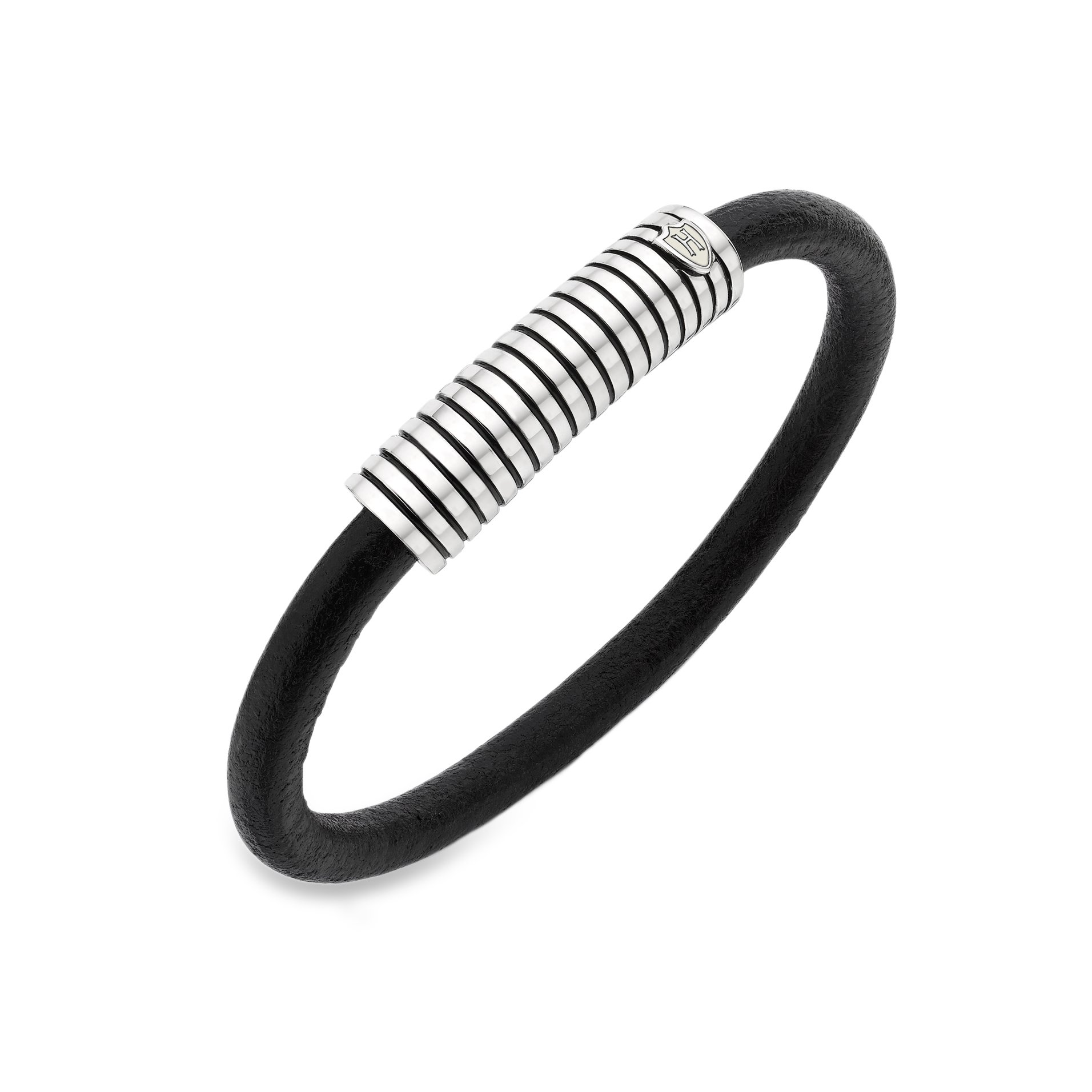 Men's Sterling Silver Stripe Leather Silver Magnetic Clasp Bracelet