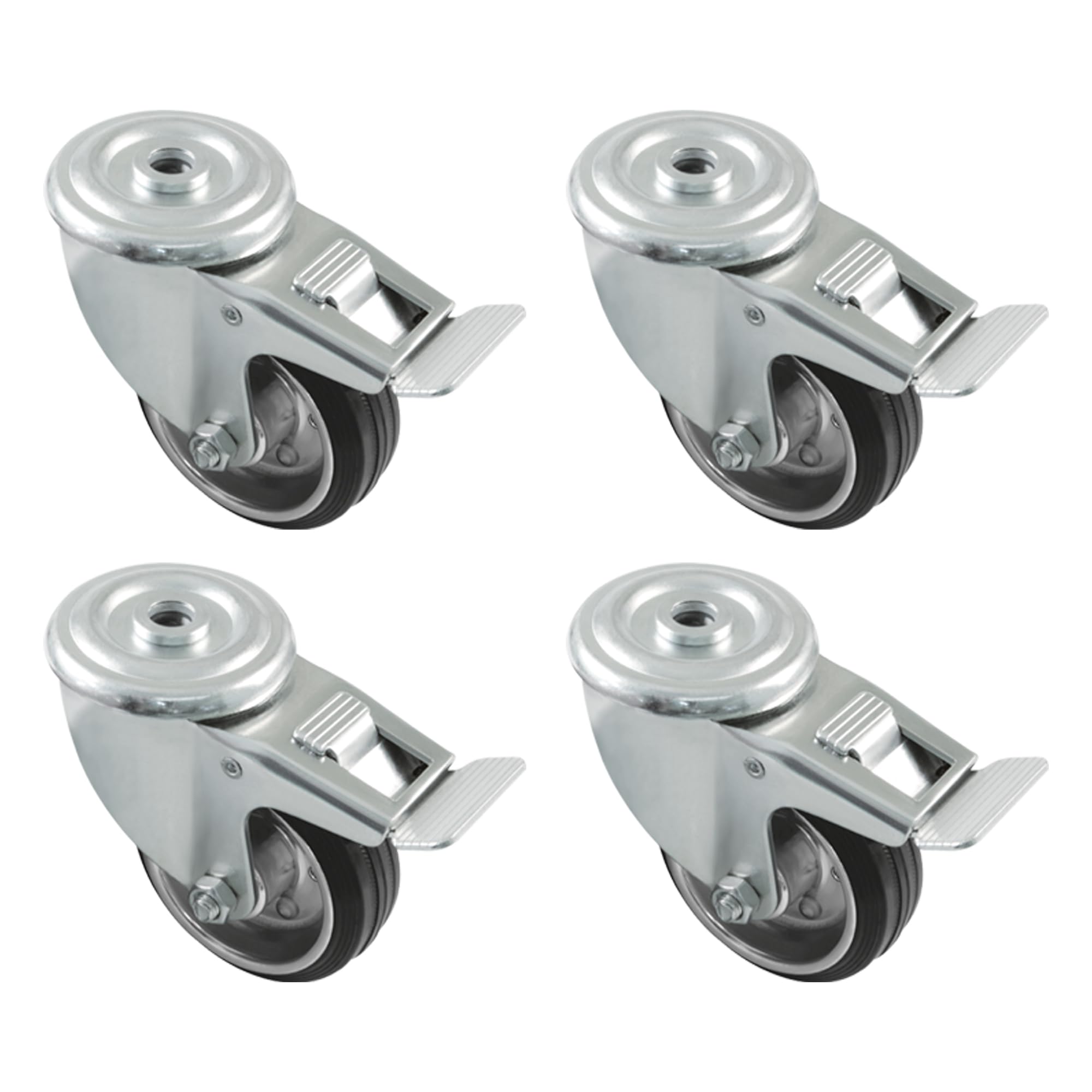 Amig - Set of 4 Furniture Brake Castors | Diameter 80 mm | Rotating Castors without Mounting Plate | Maximum Load 70 kg | For Moving Heavy Furniture | Roller Bearings | Metal Core | Black Rubber