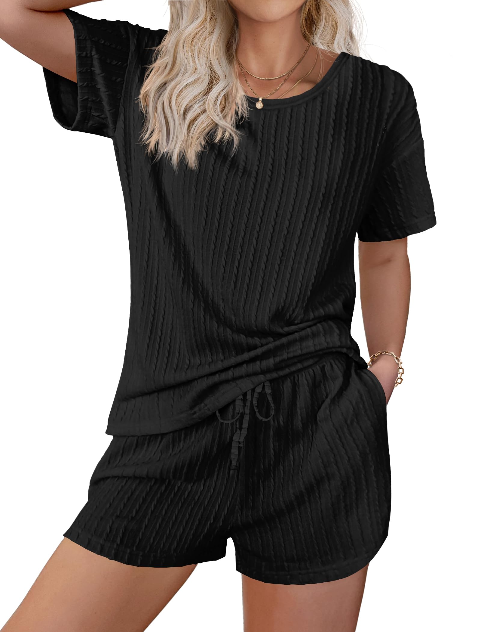 EkouaerWomen's 2 Piece Lounge Sets Ribbed Knit Matching Outfits T-shirt and Shorts Sets Sleepwear Loungewear Casual Pajamas