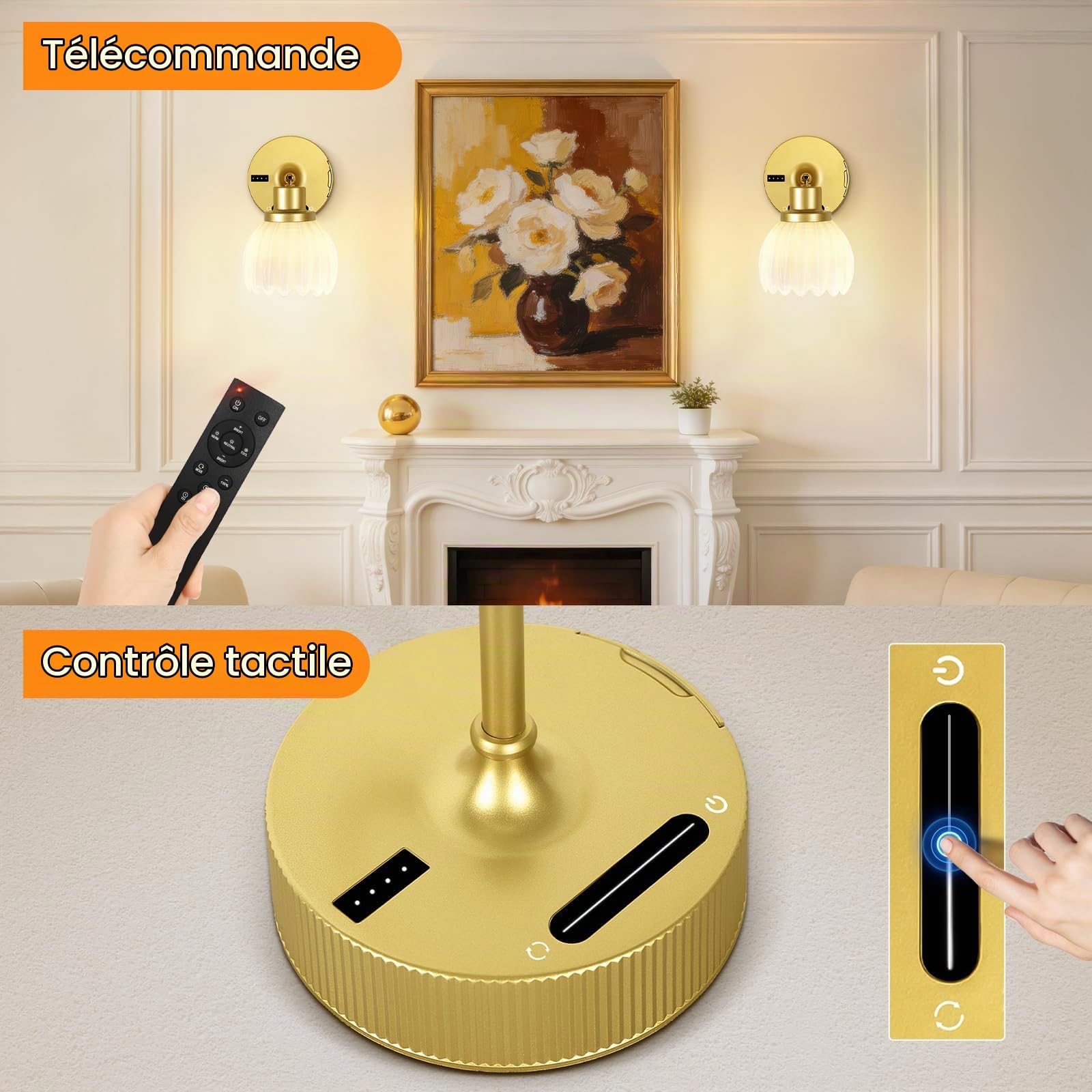 OUTON Lot de 2 Appliques Murales Rechargeables Batterie 8000mAh, 3 Températures de Couleur, Commande Tactile et Télécommande, Minuterie et Mémoire, Applique Sans fil pour Salon Chambre Couloir, Blanc
