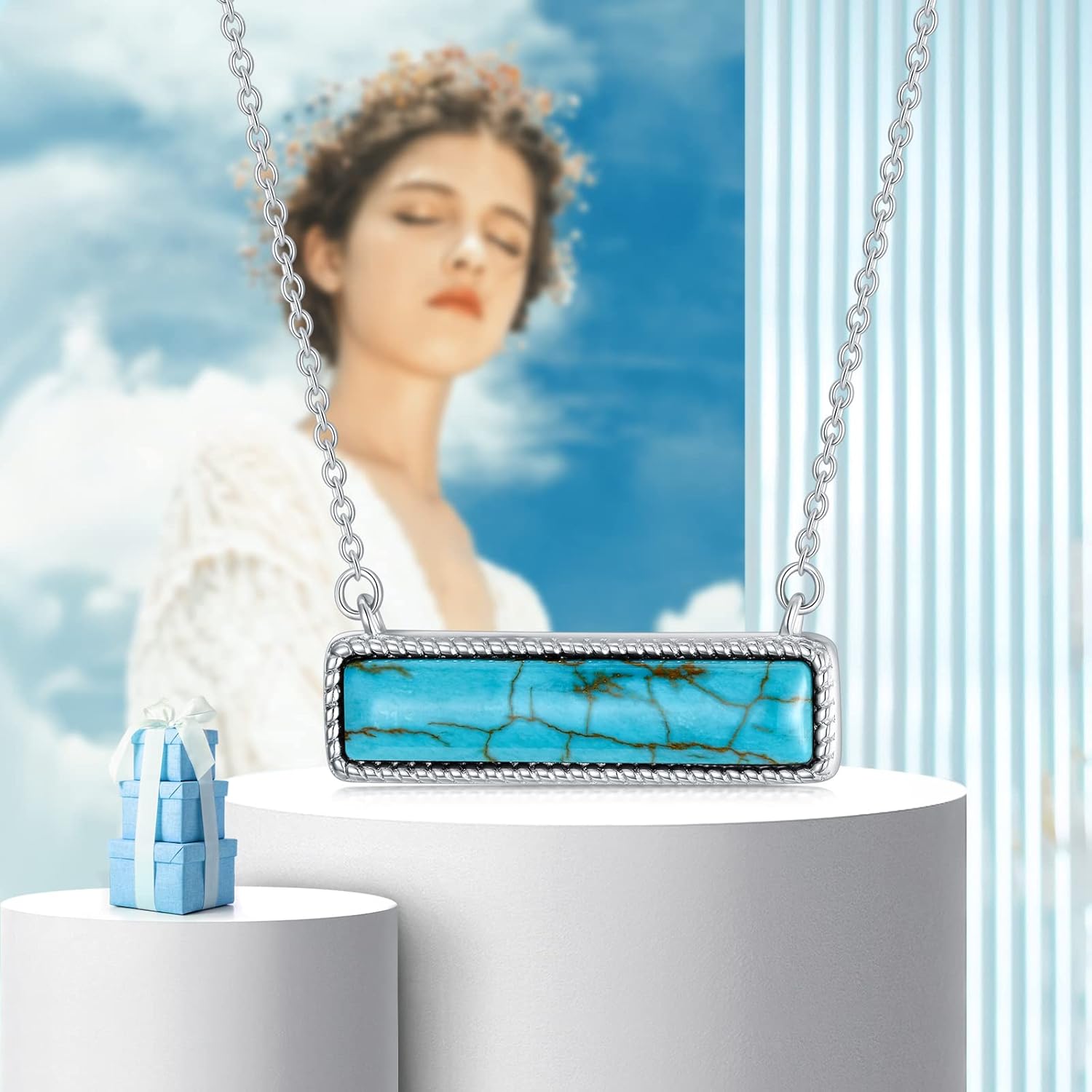 Natural Turquoise/Larimar Necklace 925 Sterling Silver Minimalist Horizontal Bar Pendant Real Gemstone Dainty Jewelry for Women - Image 5