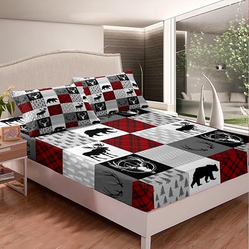 Miniatura 3 de Sábana bajera ajustable a cuadros de oso de ciervo, tamaño King, diseño de flechas de caza de animales salvajes, cornamenta, retazos, microfibra de