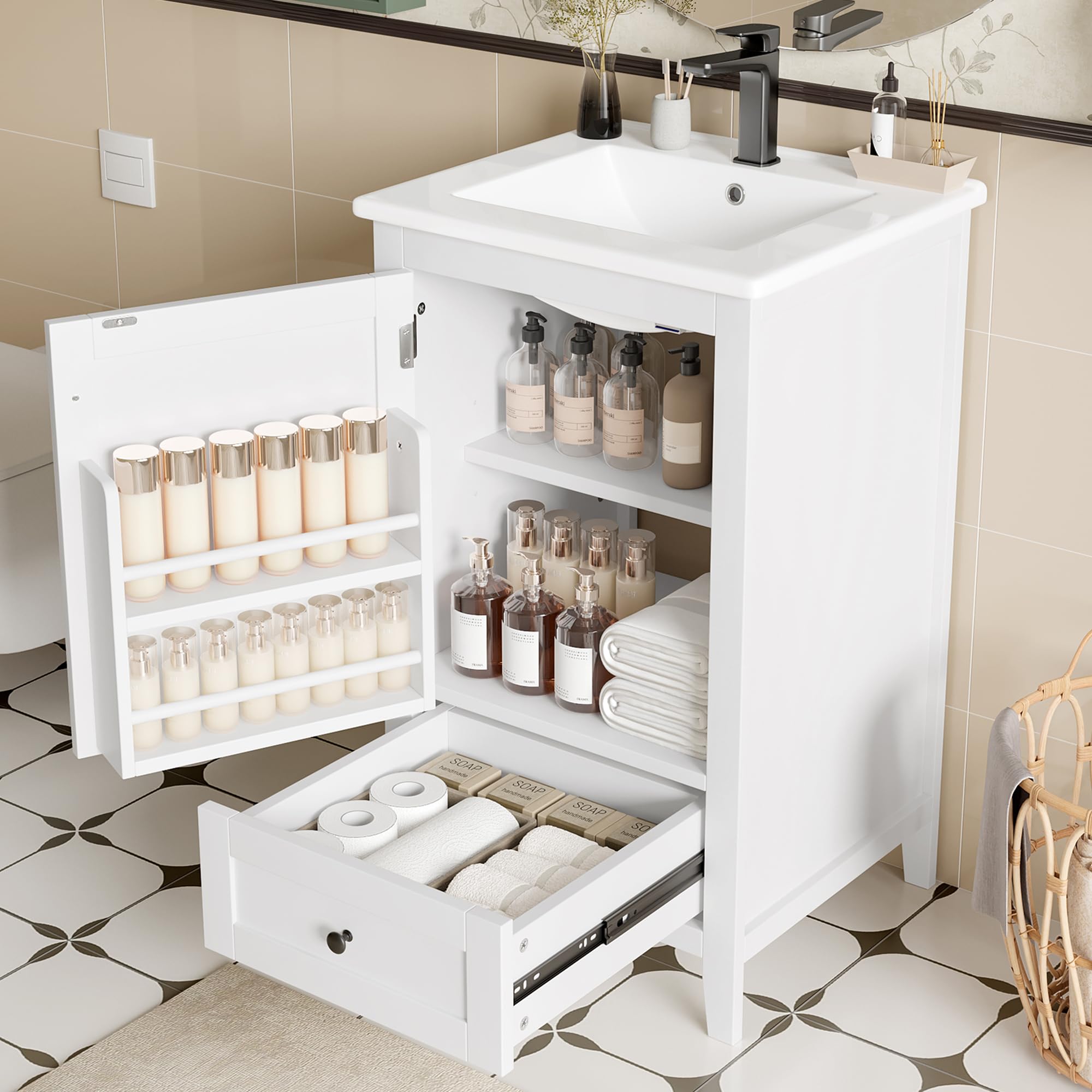 51 x 46 x 85 cm, mueble de baño de pie con lavabo, lavabo completamente lacado, estante para puerta, cajón silencioso con gran capacidad, estante ajustable, lavabo de cerámica, color blanco