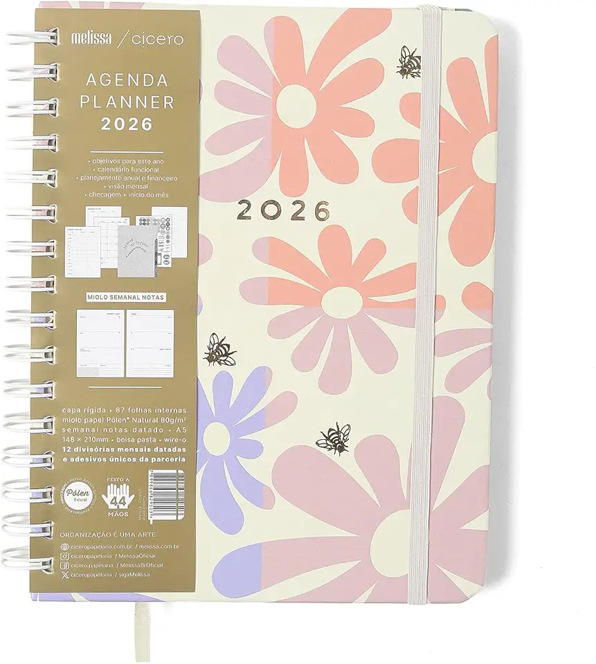 AGENDA PLANNER WIRE-O 2026 MELISSA SEMANAL NOTAS C/DIVISORIAS A5 BLOCK BLOOMY