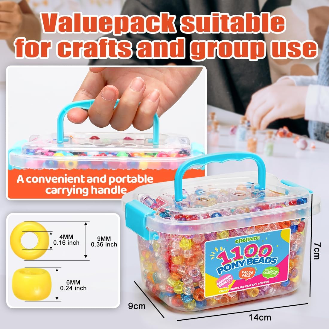 Pony Beads 1100+ Pcs – Glitter Clear Plastic Kandi Beads in Jar for Bracelets, Hair Braids, Jewelry Making & DIY Crafts - Image 2