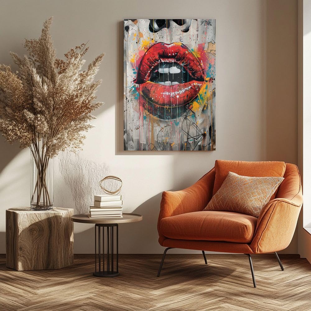 Fchen art Poster su tela, motivo: labbra rosse, stile hip hop, poster artistico da parete su tela, stampa moderna per camera da letto, pronto da appendere, 50 x 70 cm