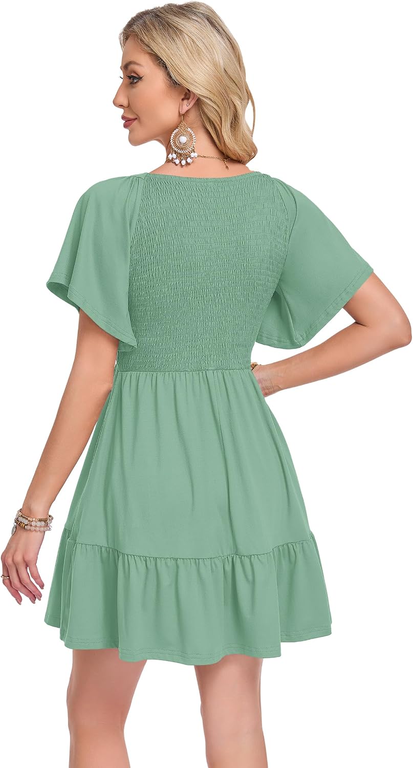 AUSELILY Cute Summer Baby Doll Dresses Women 2026 Empire Waist Mini Flowy Sundress Short Ruffle Sleeves Smocked with Pockets image 3