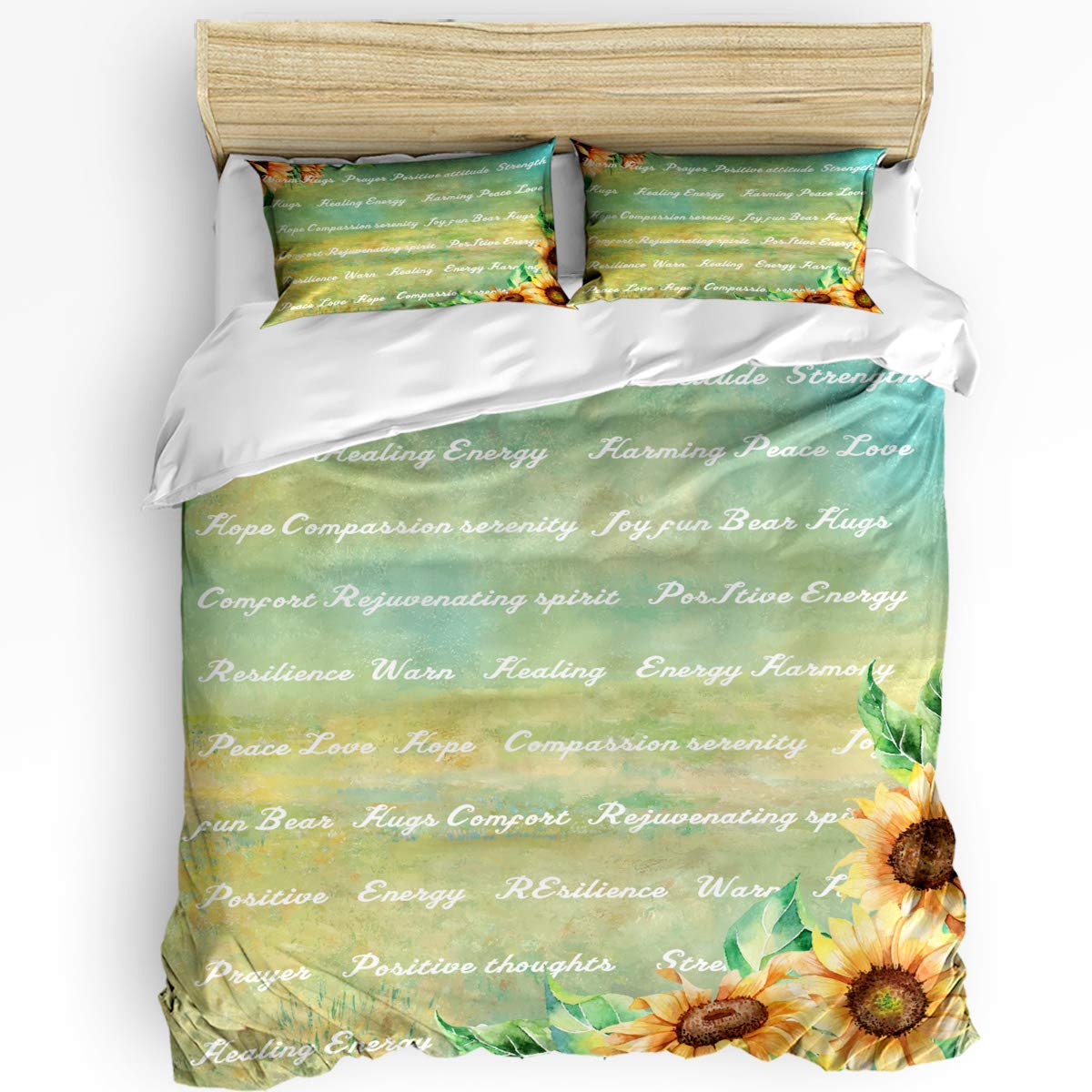 3 Piece Bedding Set with Zipper Closure Twin Size, Warm Positive Words Hopeful Sunflower Pattern Comforter Cover Set Duvet Cover with 2 Pillow Shams for Girls/Boys/Kids/Children/Teen/Adults