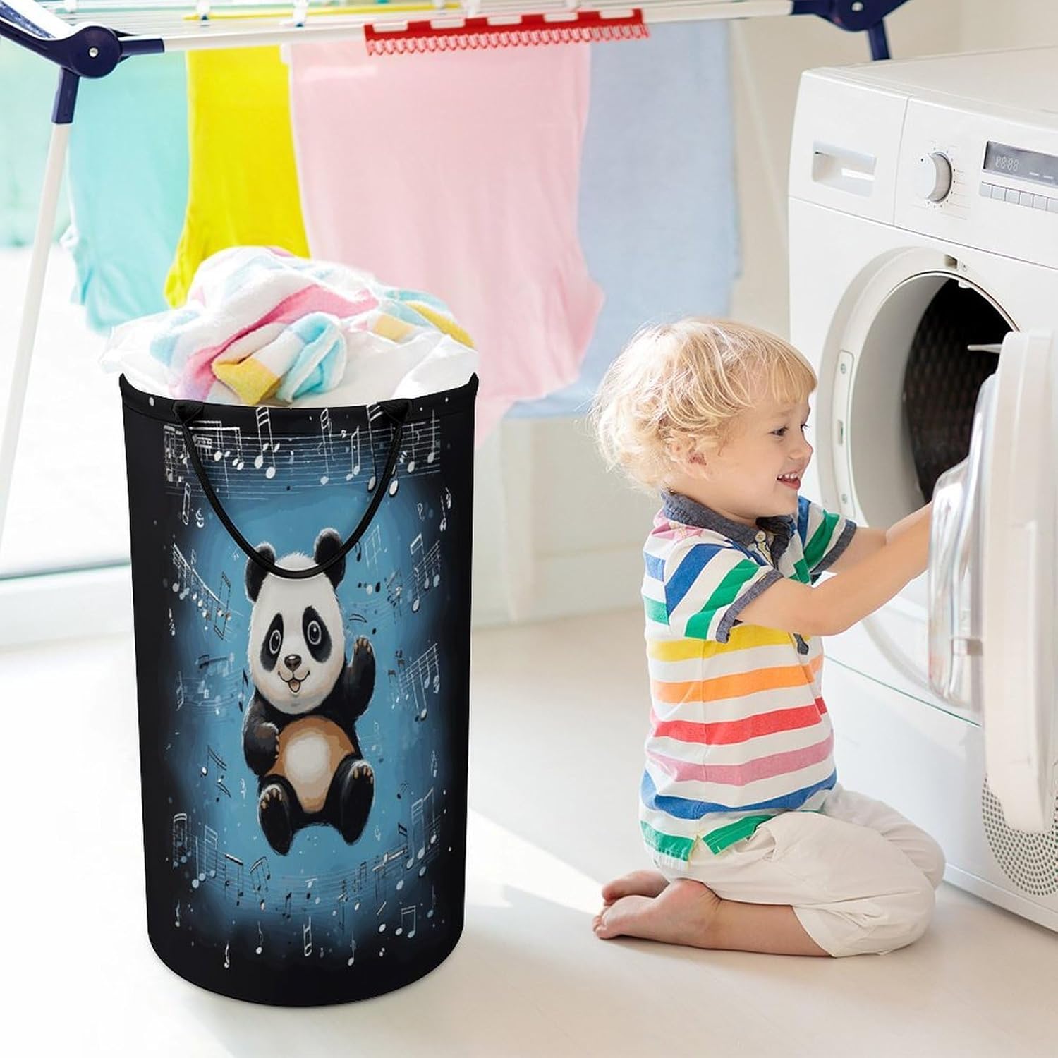 Panda Dancing on Musical Notes Laundry Hamper Foldable Clothes Storage Basket Fashion Clothes Hampers with Handles Waterproof Large Dirty Laundry Hamper for Bathroom Bedroom